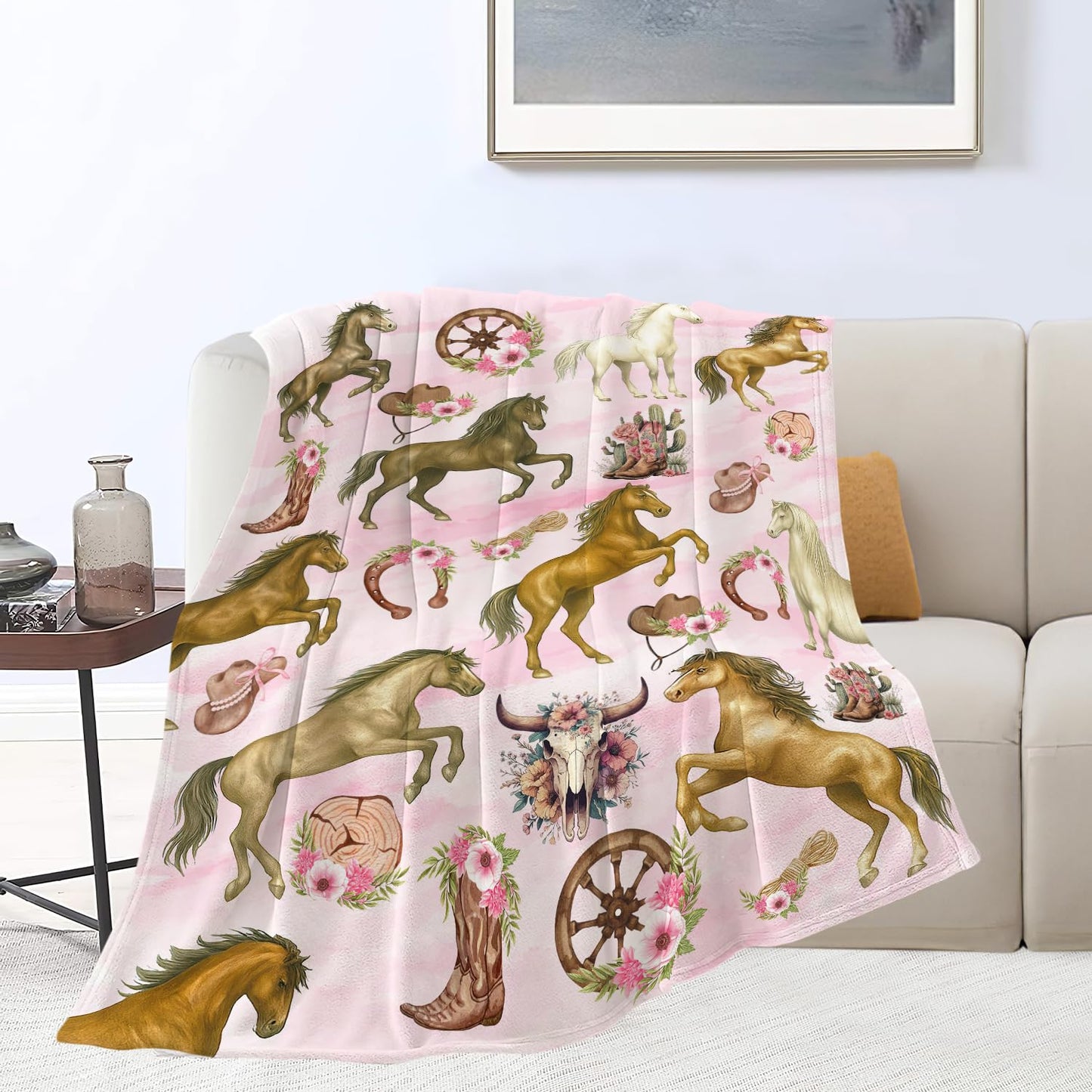 Western Cowgirl Throw Blanket Pink Cowgirl Horse Flannel Blankets Southwest Horses Plush Super Soft Cozy Warm Decor Gifts for Boys Girls Kids Adults Men Women 40" x 50"