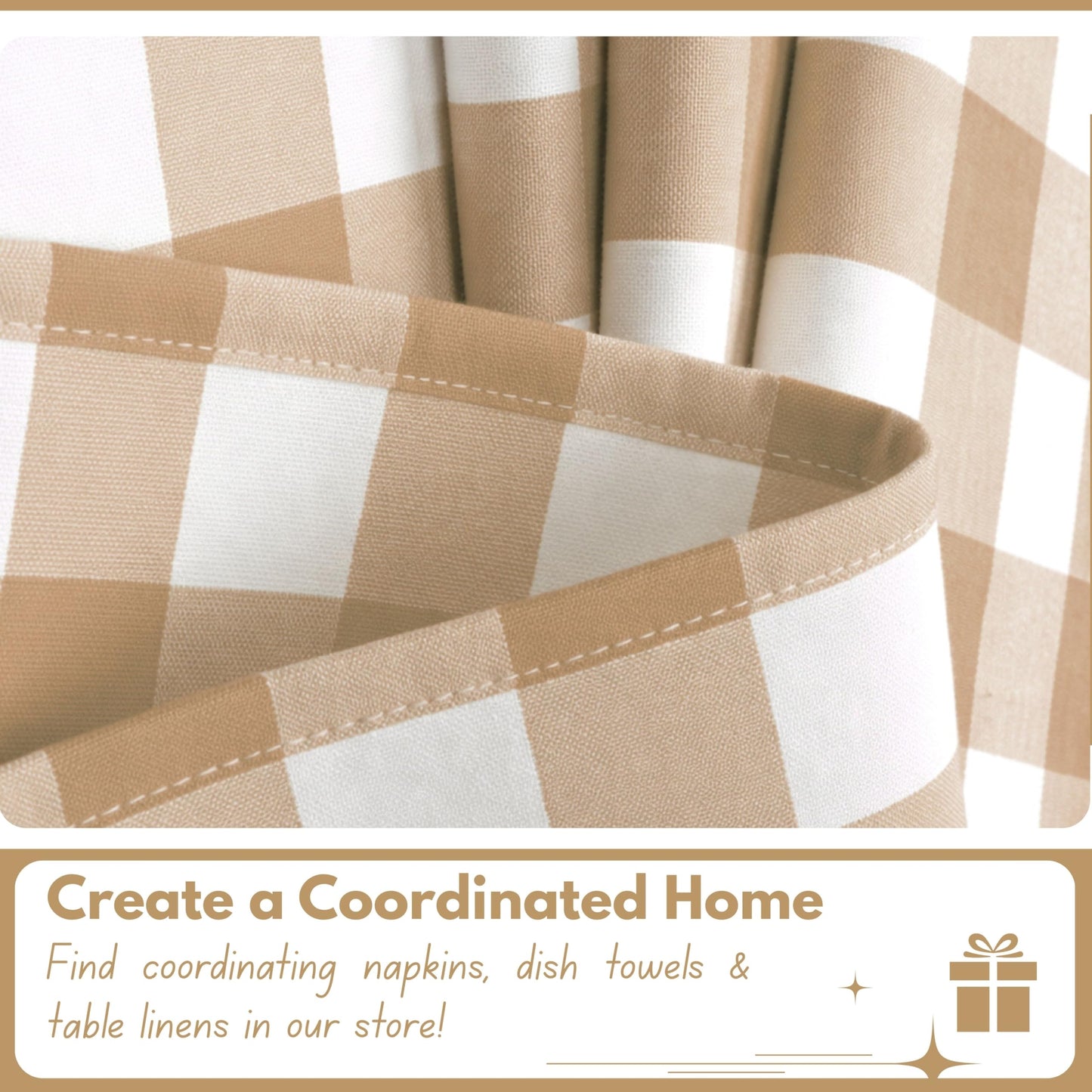 Native Fab Beige Buffalo Check Window Curtains, 3 Piece Cotton Tier and Valance Set, 2 Tiers 26x36 Inch and Valance 54x18 Inch, Rod Pocket Curtains for Living Room, Bedroom, Kitchen, Beige White