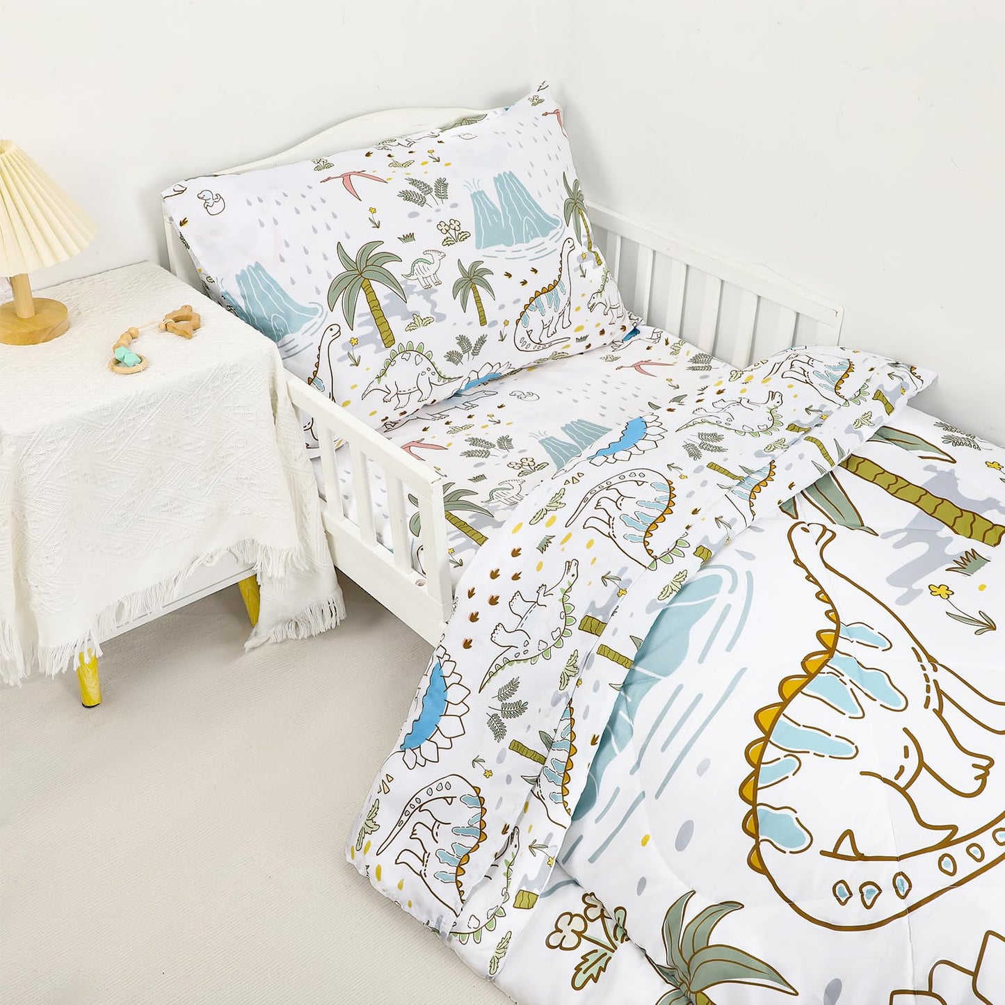 SWESEN Toddler Bedding Set for Boys, Cute Dinosaurs Toddler Boy Bedding Set, Soft & Lightweight 4 Piece Toddler Comforter Sets Include Comforter, Flat Sheet, Fitted Sheet, Pillowcase