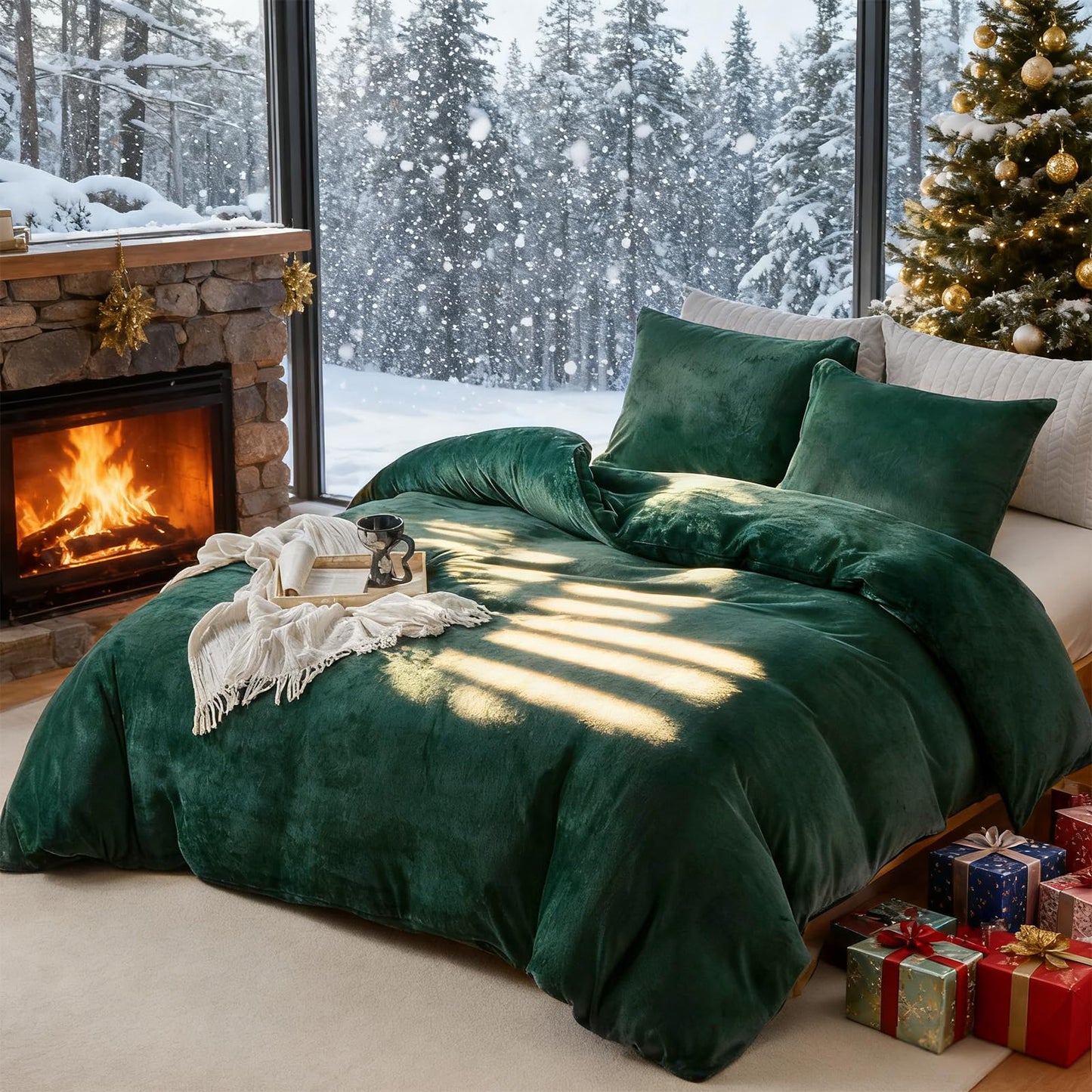 WARMDERN Emerald Green Velvet Duvet Cover Set Queen Size, Luxury Milk Velvet Bedding Duvet Cover with Zipper Closure, 3pcs Ultra Soft Duvet Covers for All Seasons, 90" x 90", Emerald Green