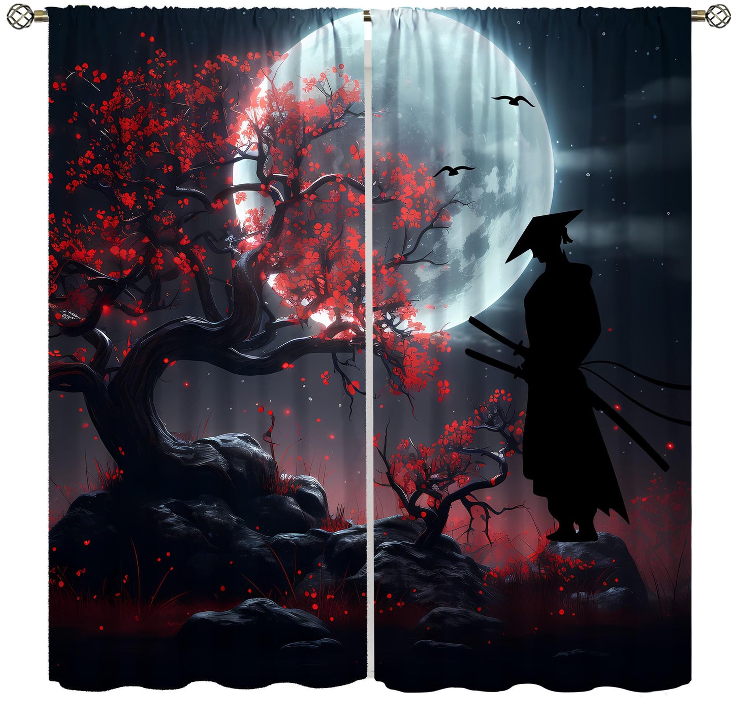 Llylumty Japanese Samurai Blackout Curtain Japanese Plum BlossomMoon Night Tree Modern Art Style Rod Pocket Window Drapes for Living Room Decor 21x45in,2 Panel Set