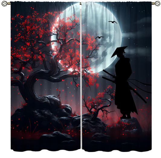 Llylumty Japanese Samurai Blackout Curtain Japanese Plum BlossomMoon Night Tree Modern Art Style Rod Pocket Window Drapes for Living Room Decor 21x45in,2 Panel Set