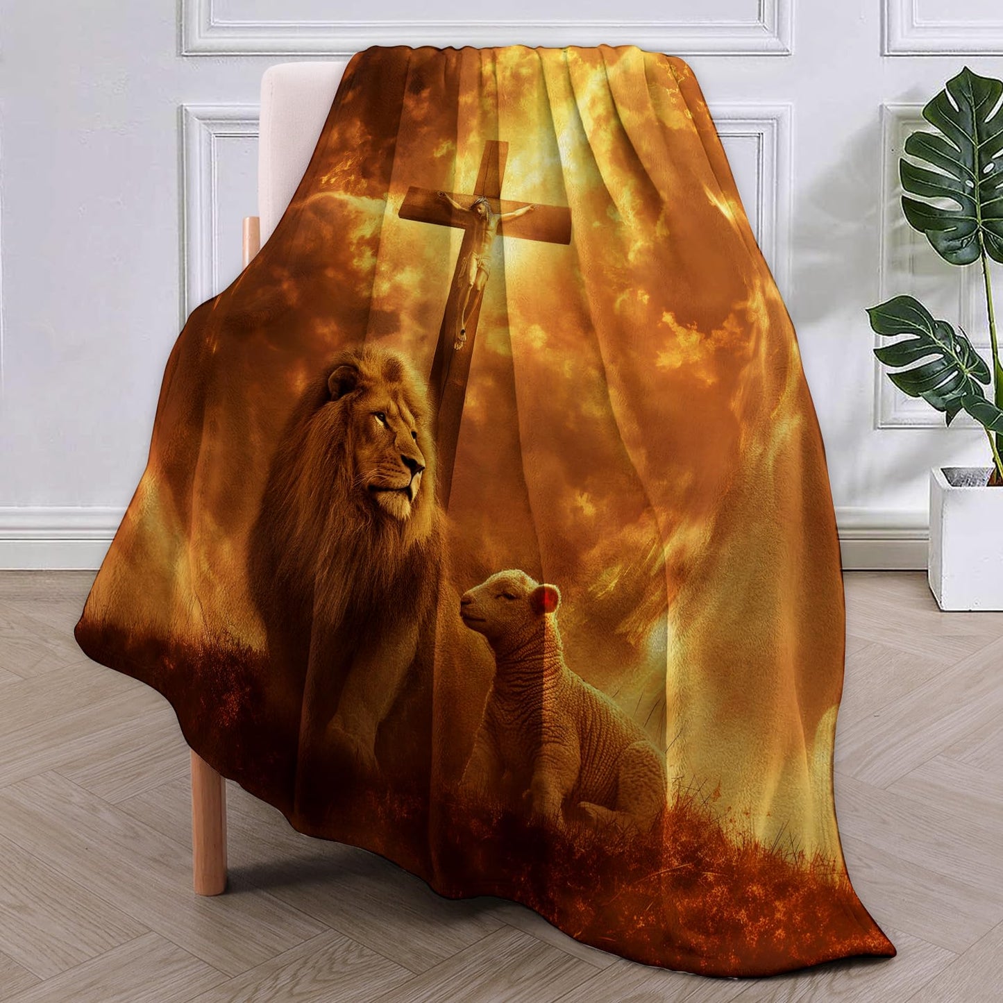 VANZEV Christian Blanket,Lion and Lamb Flannel Throw Blankets,Soft Warm Lightweight Cozy Plush Sunset Cross Throws for Bedroom Sofa Home Decor Gifts for Women Girls 50"x60"
