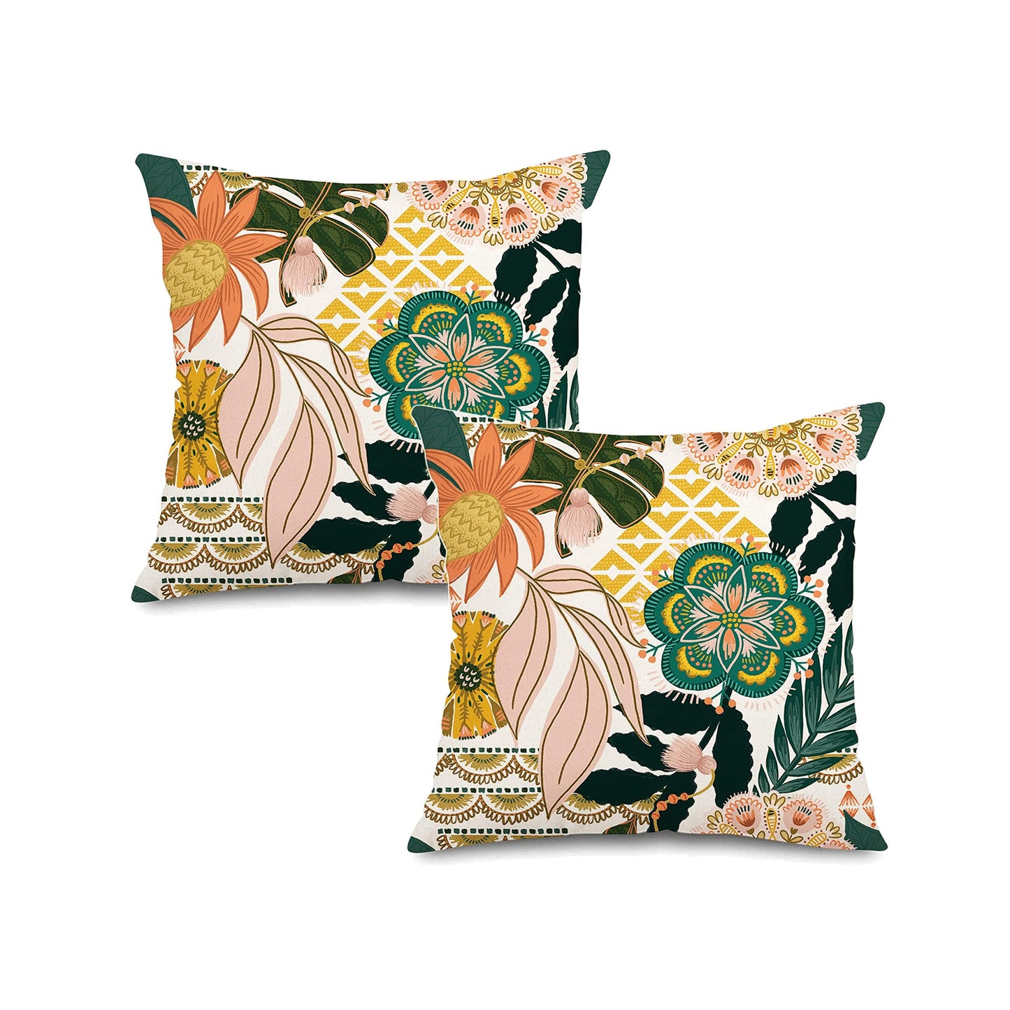 Jartinle Boho Floral Outdoor Pillow Covers 18x18 Waterproof Set of 2 Blooming Flower Leaves Pattern Porch Pillow Covers for Patio Furniture