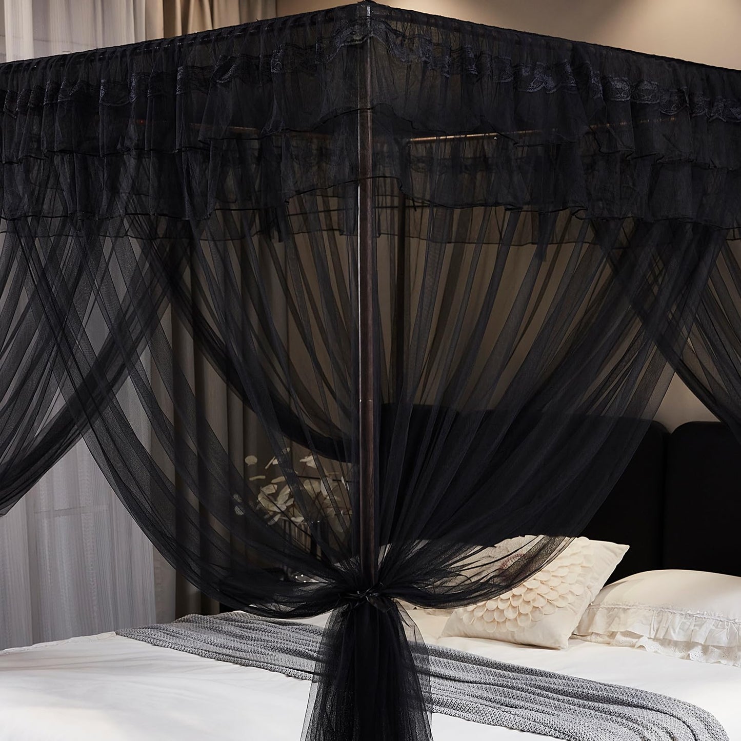 Kertnic Black Canopy Bed Curtains for Girls & Adults, Queen King Bed Canopy Drapes Netting, Practical Mosquito Net for Bed (King- 86" W*78" L*82" H)