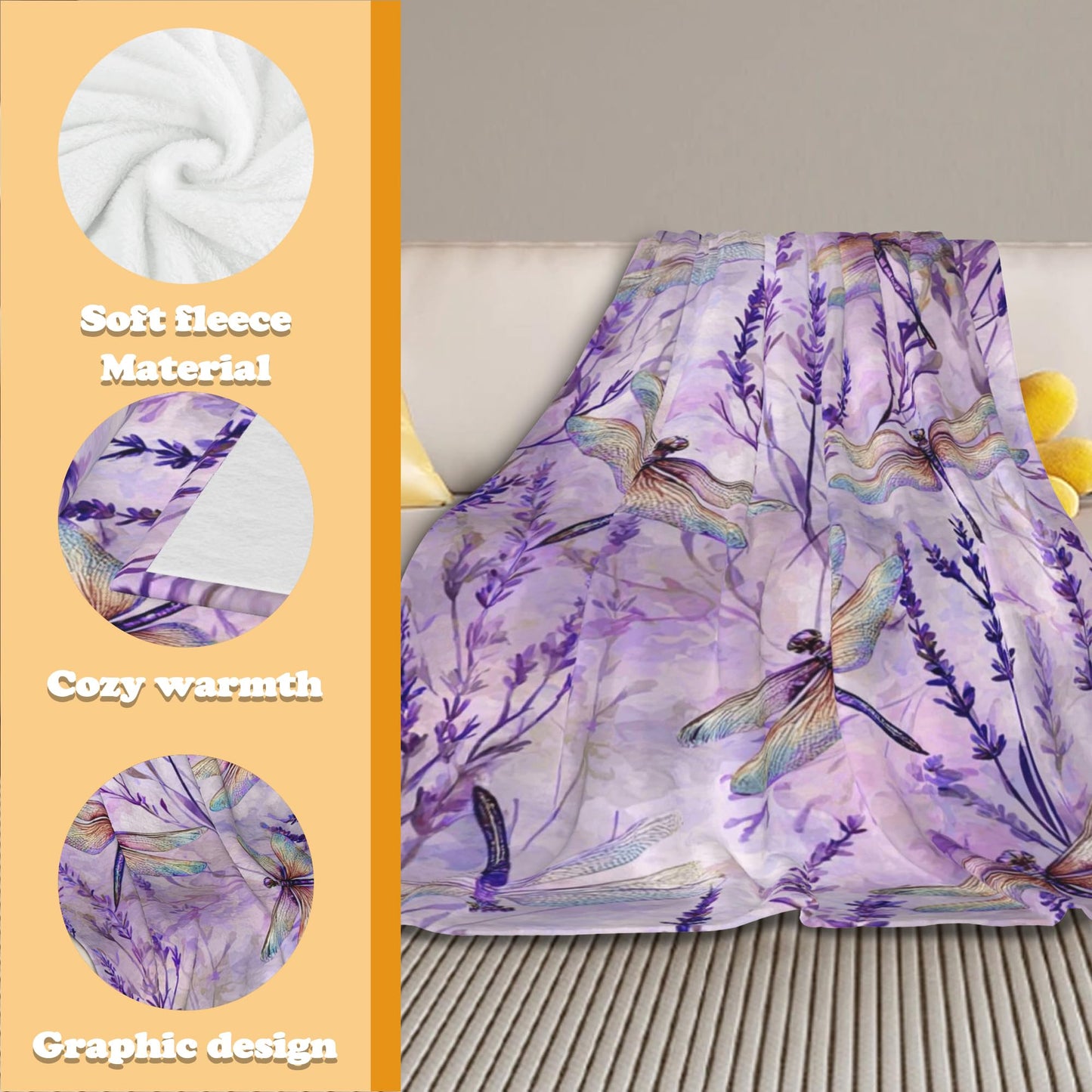 DKODKO Purple Dragonflies Lightweight Flannel Bedding Blanket,Washable Fleece Watercolor Dragonflies Throw Blanket for Bed, Couch, Sofa, Camping,60''x 50''