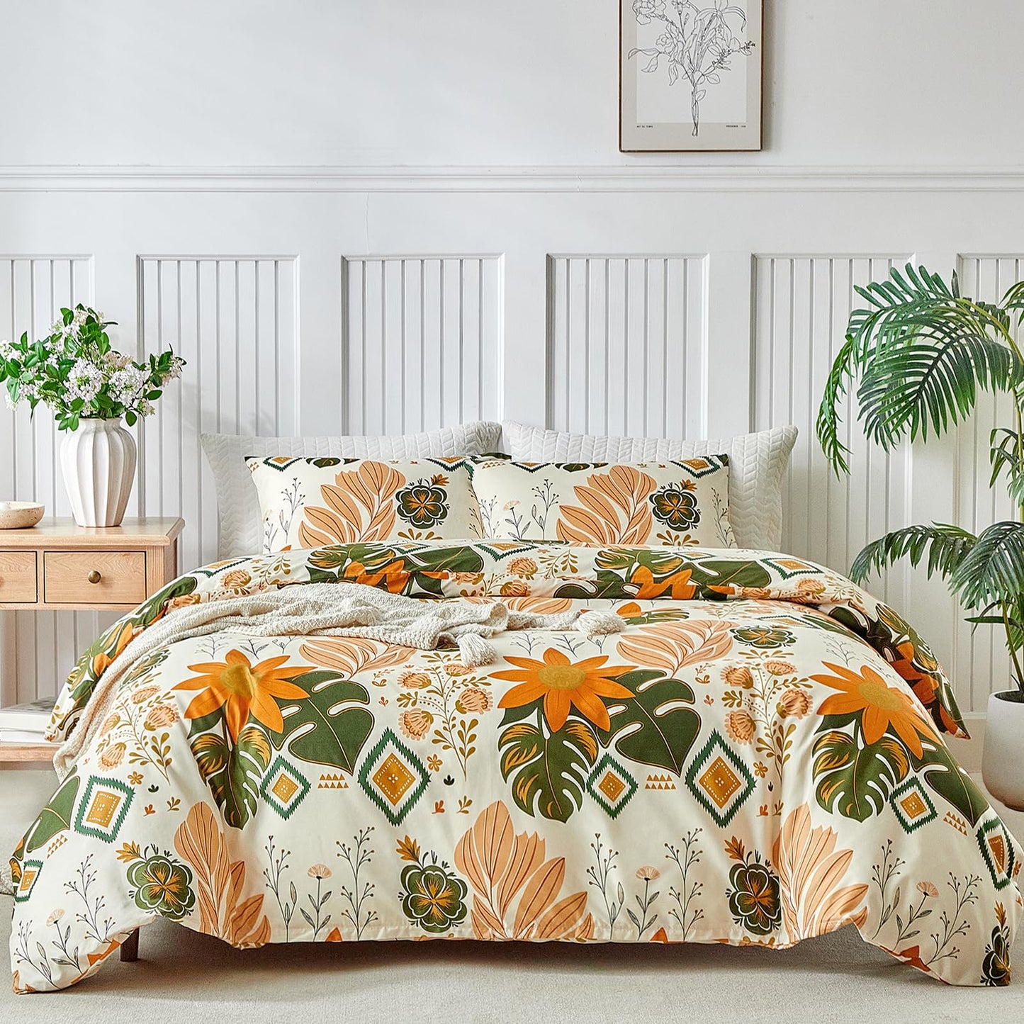 Lekesky King Size Reversible Duvet Cover, Duvet Cover King Size 3 Piece Baroque Microfiber Botanical Bedding Set with Zipper Closure Corner Ties