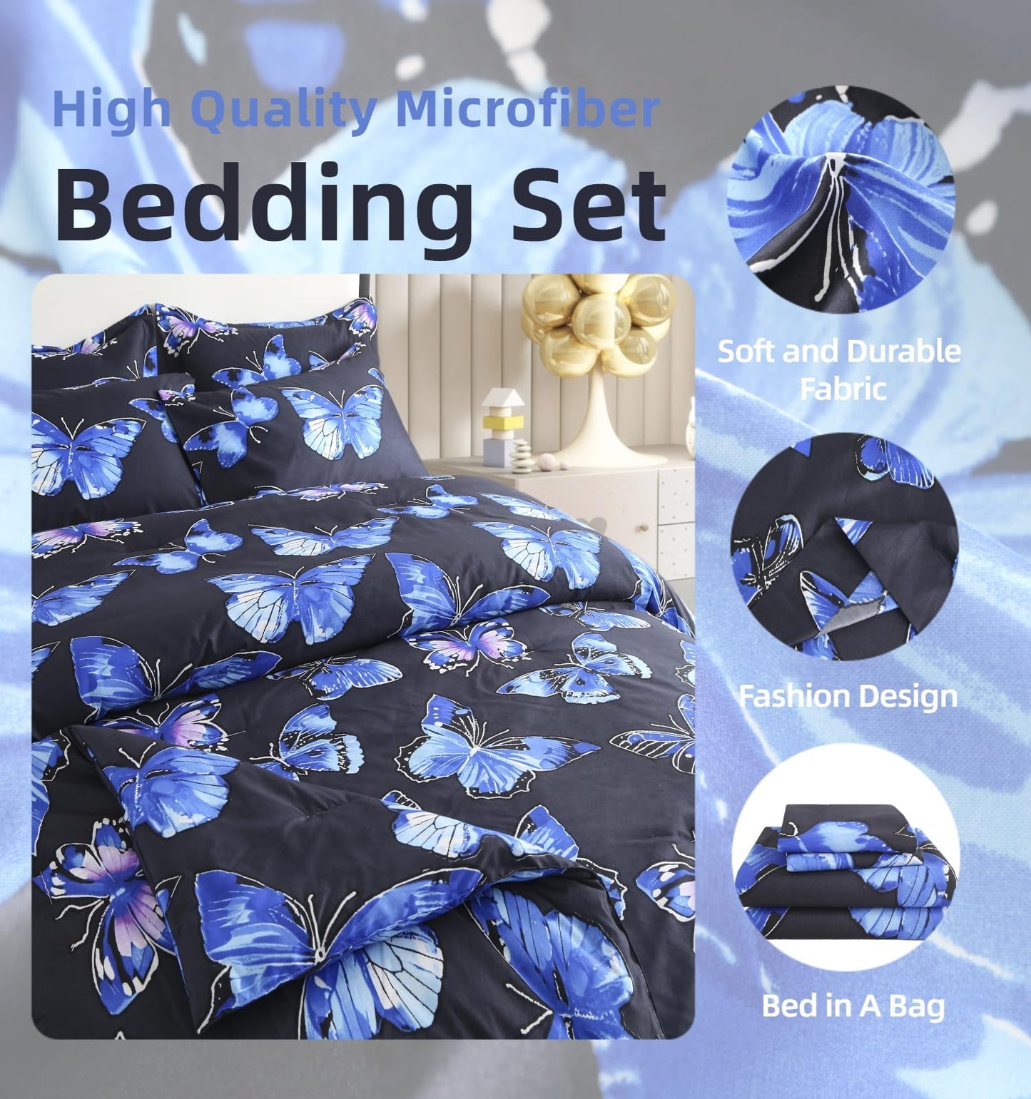SDY 7PCS Butterfly Bedding Twin Bed in A Bag Twin Girls Boys and Kids with Butterfly Comforter, Flat Sheet, Fitted Sheet and Pillowcases & Shams