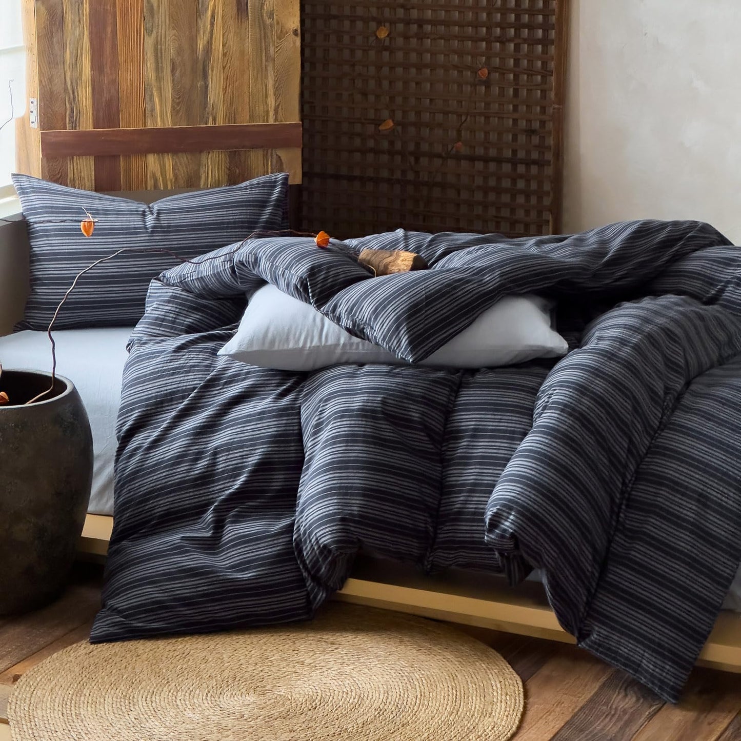 VM VOUGEMARKET Blue White Stripe Duvet Cover Set – Soft Washed Cotton,Modern Neutral Ticking Pinstripe Minimalist, 3 Pieces,Navy Blue,Queen Size
