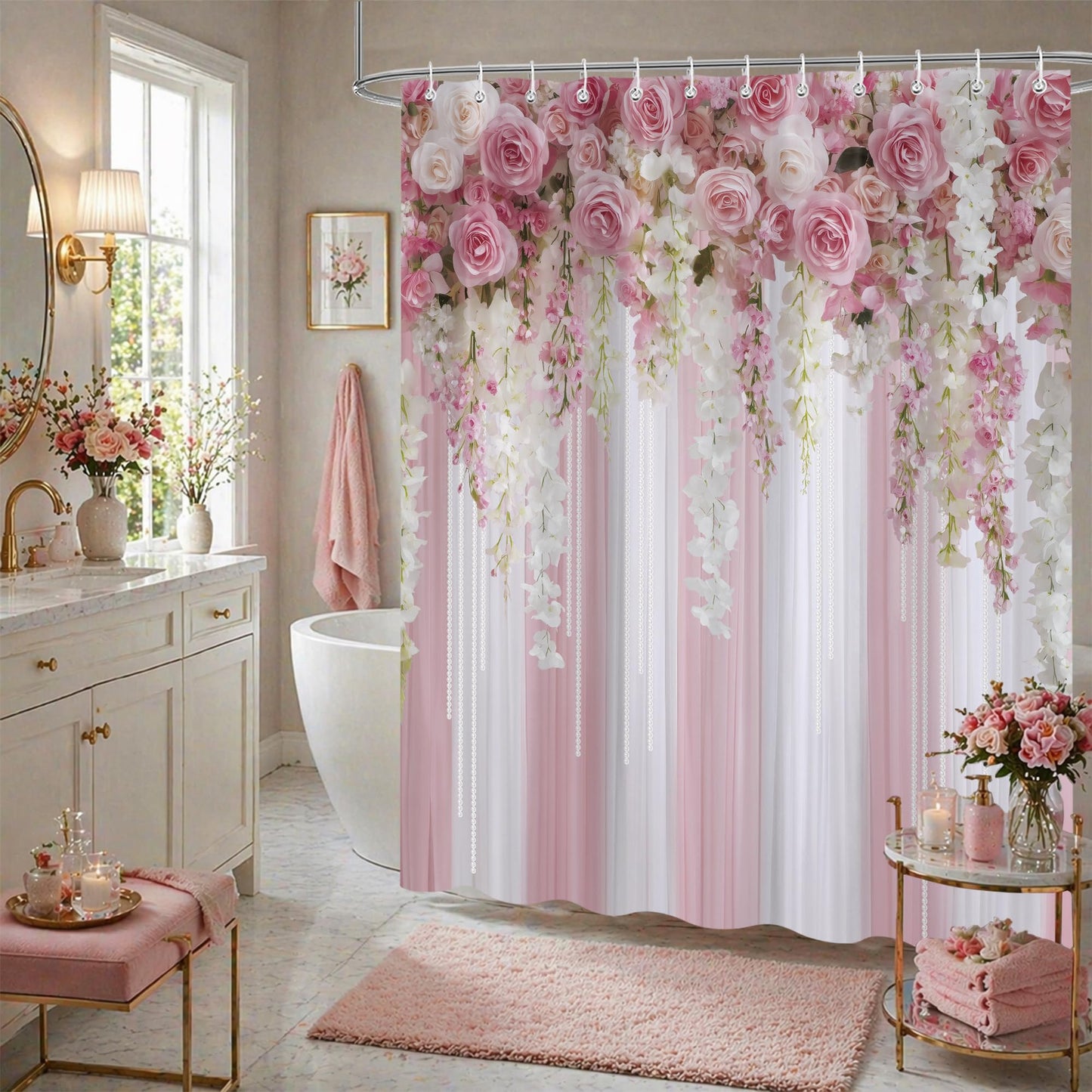 iTapnoom Pink Rose Shower Curtain 72x72 Inch, Romantic Floral Bathroom Curtain with Hanging Flower Garland Design Waterproof Fabric Bath Curtain Set with 12 Hooks for Home Decor