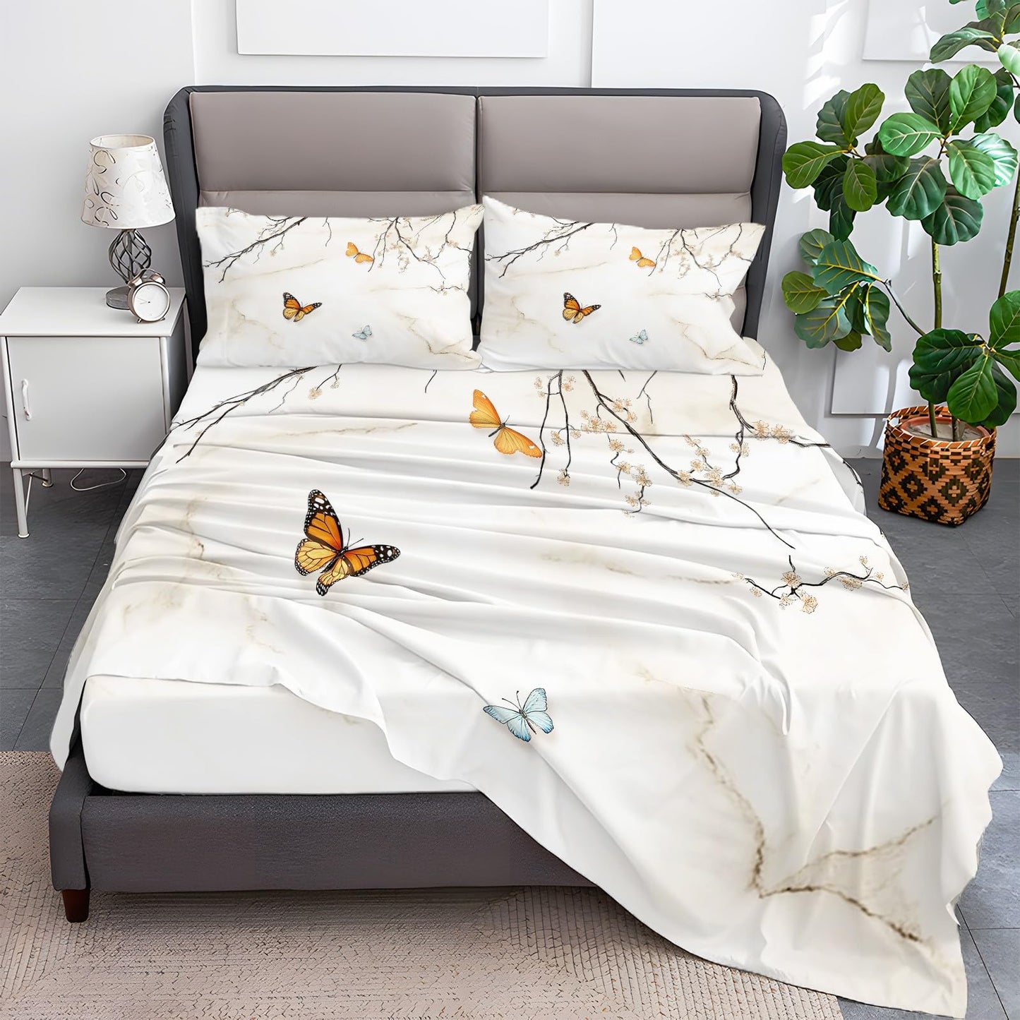 Bhoyctn Chinese Style Printed 4-Piece Extra Soft King Bedding Sheets & Pillowcase Set, Deep Pocket up to 16 in Mattress, Chinese Style Painting Butterflies Bed Sheet Set for Women, Menfor