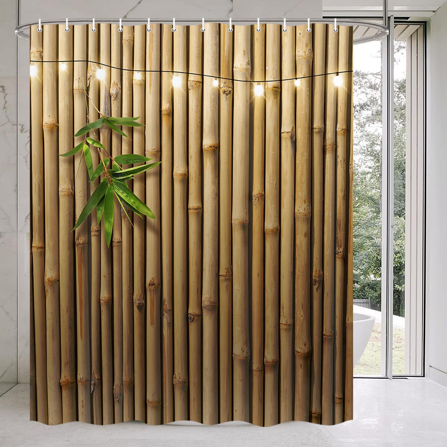Pinpai Bamboo Shower Curtain, Japanese 3D Shower Curtain Set for Bathroom, Nature Zen with Lights Fabric Shower Curtain Restroom Bathtub Decor Accessories with Hooks 72X 72 inch