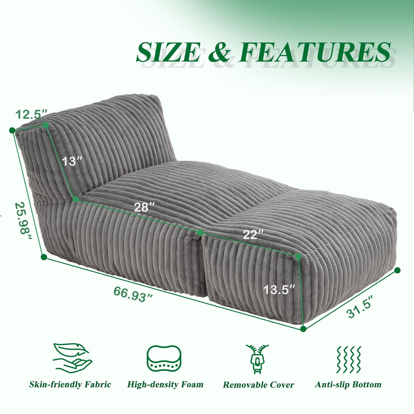 Hobestluk Giant Memory Foam Bean Bag Chairs Sofa for Adults (Grey,Large)