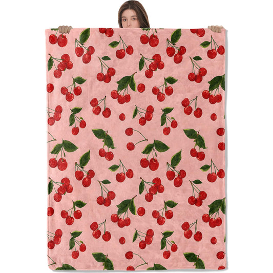AHUCIZ Watercolor Cherry Blanket,Red Fruit and Leaf Fleece Blankets,Soft Warm Decorative Throw for Couch,Bedroom,Travel,Camping,Practical Throws Gifts for Kids Women Nature Lovers,50X60 Inch