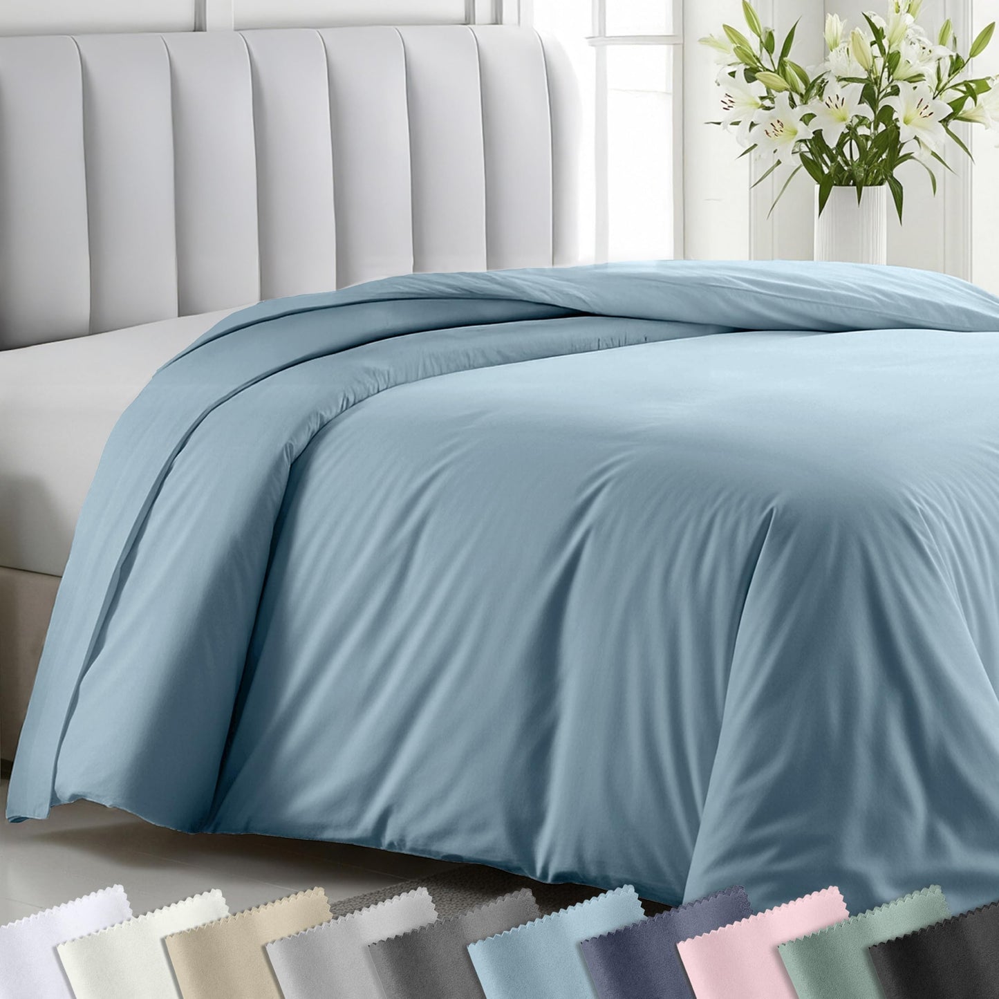 California Design Den Natural 100% Long Staple Cotton Duvet Cover Queen Size/Full Size Only Premium 400 Thread Count Duvet Cover Queen Size Cotton, Soft Weave, Button Closure Corner Ties - Sky Blue