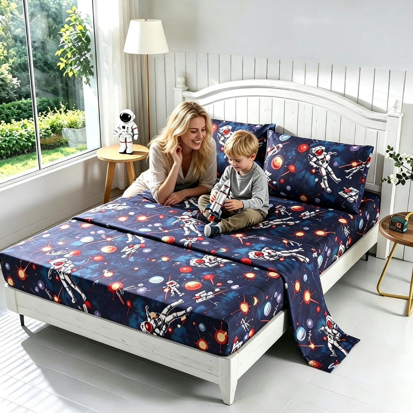 SDY 4 Pieces Space Sheets,Queen Microfiber Sheet Set Astronaut Space with 1 Deep PocketFitted Sheet+1Top FlatSheet+2 Pillowcases for Kids Teens Boys Girls