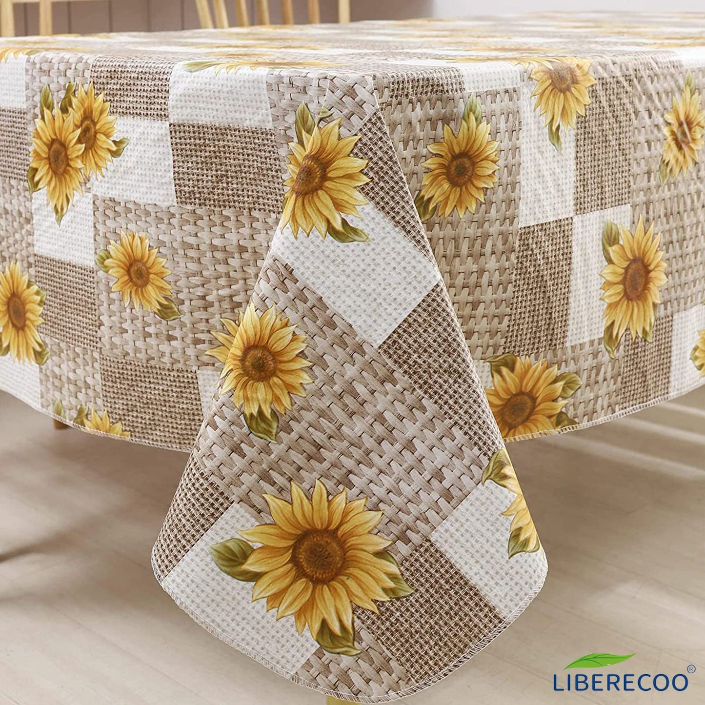 LIBERECOO Vinyl Tablecloth with Flannel Backing, Sunflower 60 x 84 Inch Rectangluar Tablecloths Stain-Resistant Waterproof Plastic Table Cover for Indoor/Outdoor