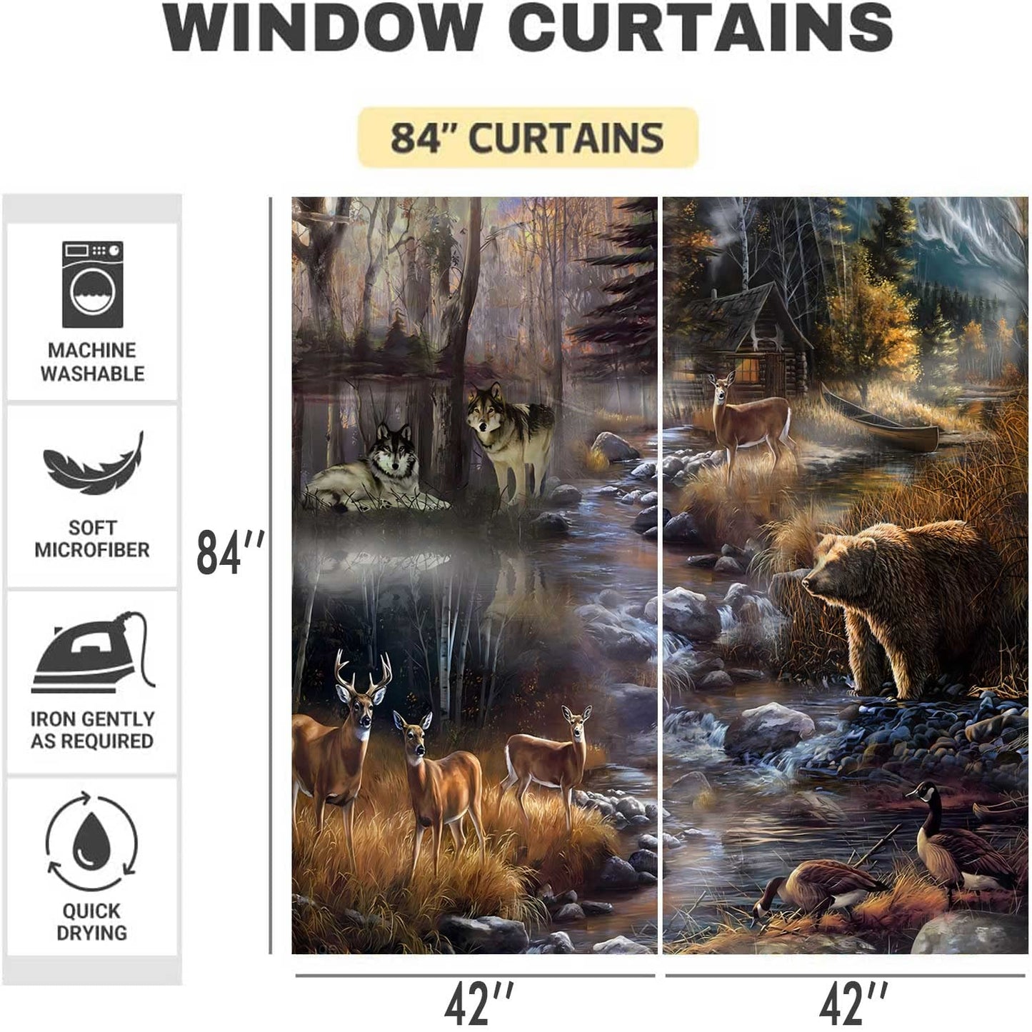 MIZSYE Rustic Lodge Curtains Wildlife Wolf Bear Elk Duck Country Style Blackout Curtain Forest River Nature Landscape Zoo Window Treatments for Bedroom Living Room 2 Panel 42x84inch CLDWMS0235