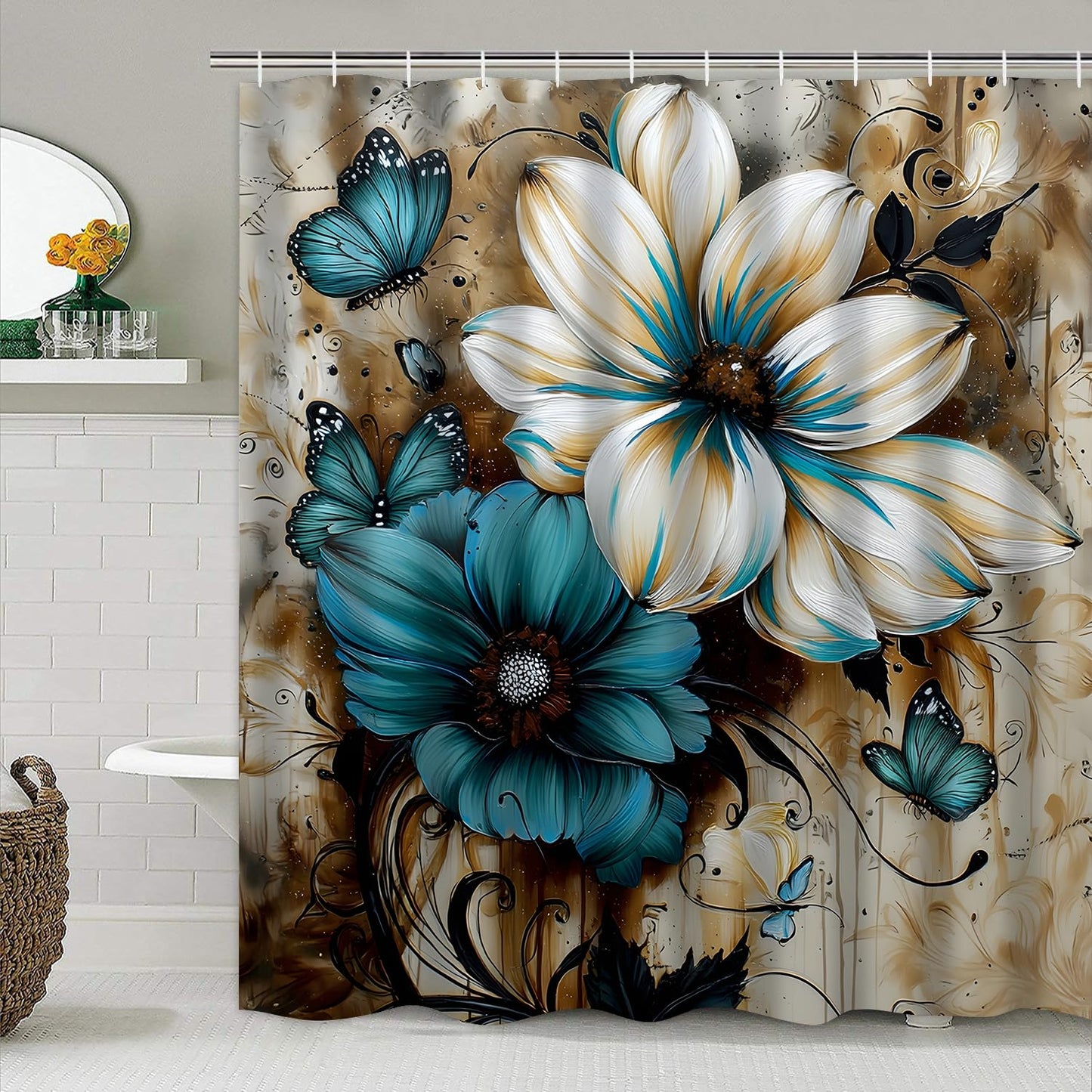 AZHM 4pcs White and Blue Artistic Painted Flowers Shower Curtain Set Floral and Butterfly Bathroom Sets with Rugs and Accessories