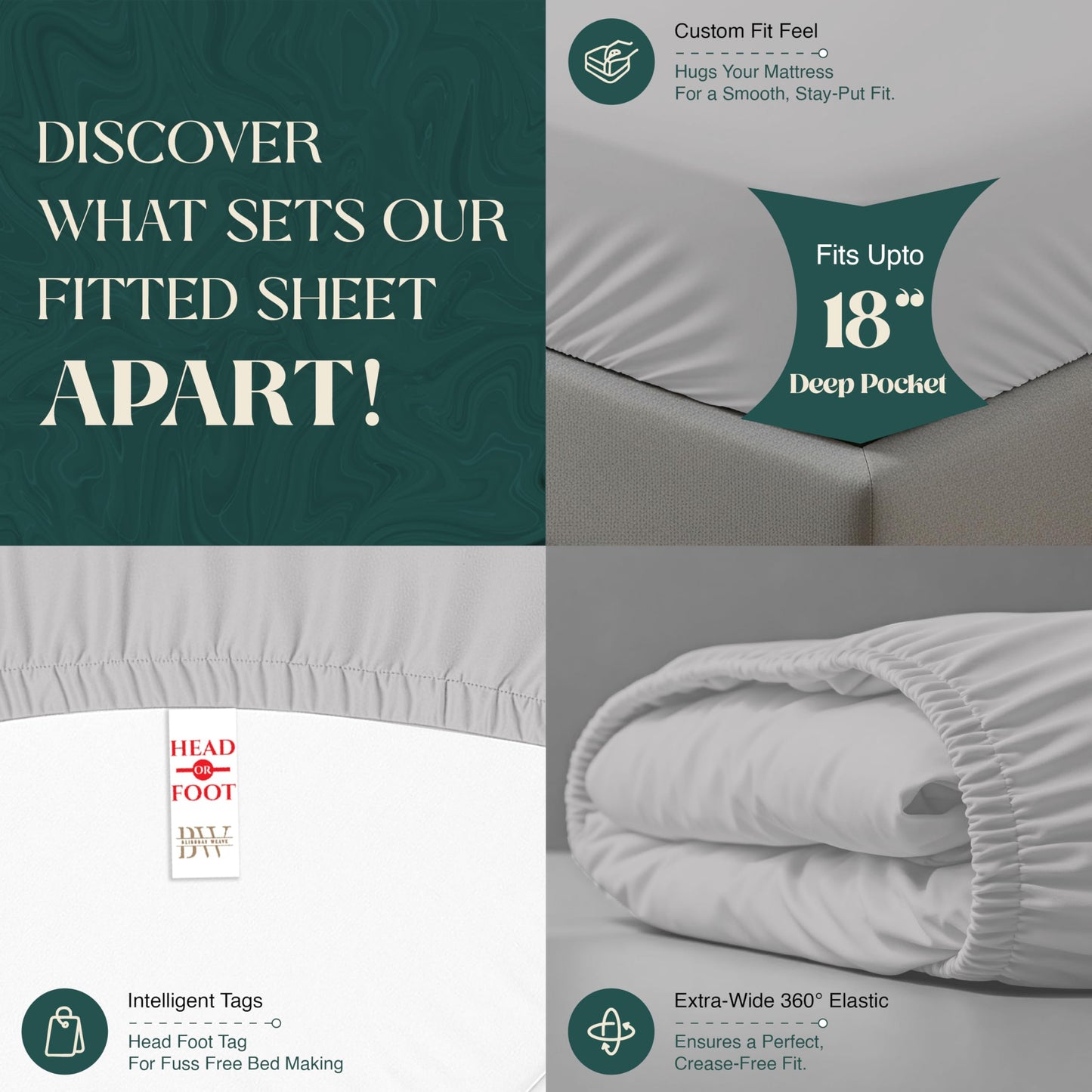 BlissBay Weave 100% Egyptian Cotton Sheet Set Queen Size 4 PCs Sateen Weave Cooling Soft Wrinkle Resistant 18 inches Deep Pocket | 1 Fitted Sheet, 1 Flat Sheet, 2 Pillowcases | Silver