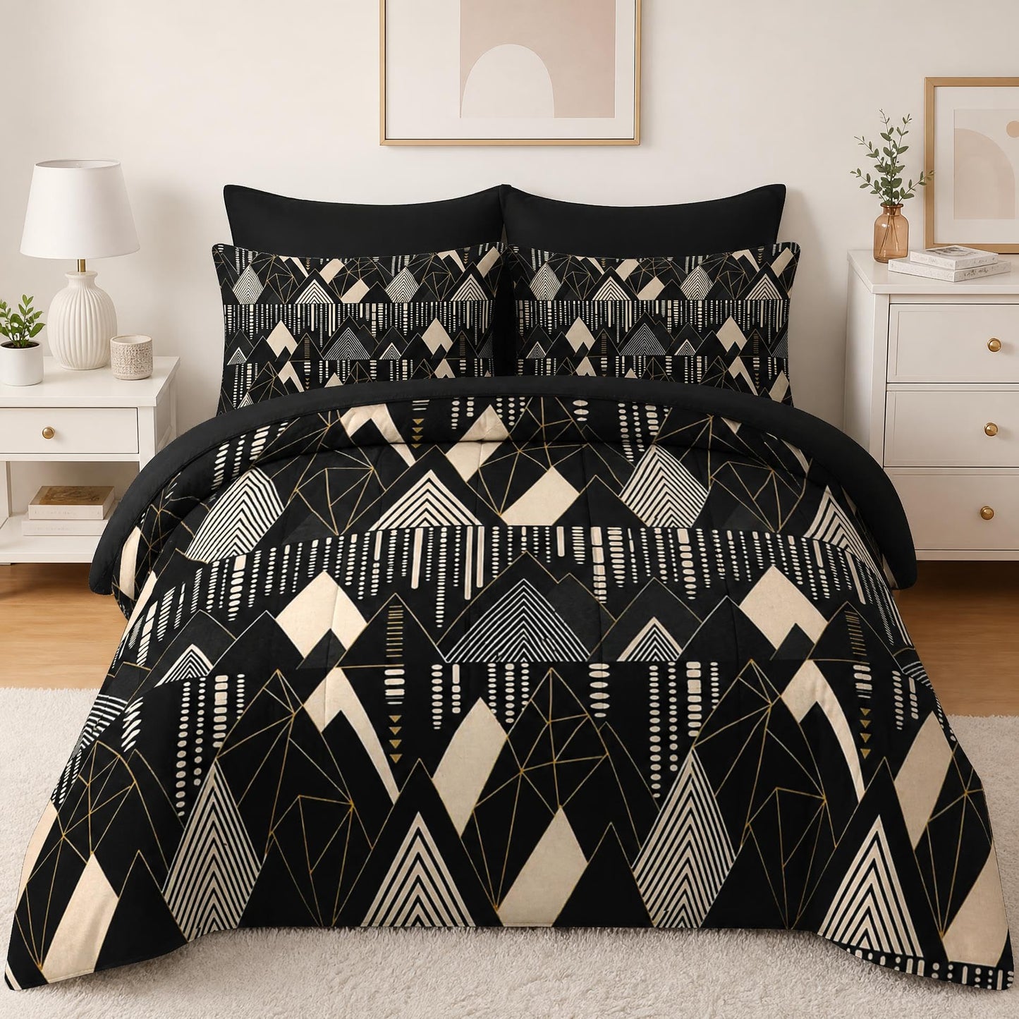 Boewywh Comforter Set Twin Size Mountain Geometric Gold 7 Pcs, Bedding for Kids and Adults, Modern Abstract Bed Sheet Sets with Fitted Sheet 2 Pillowcases & 2 Shams for Bedroom Bed Decor