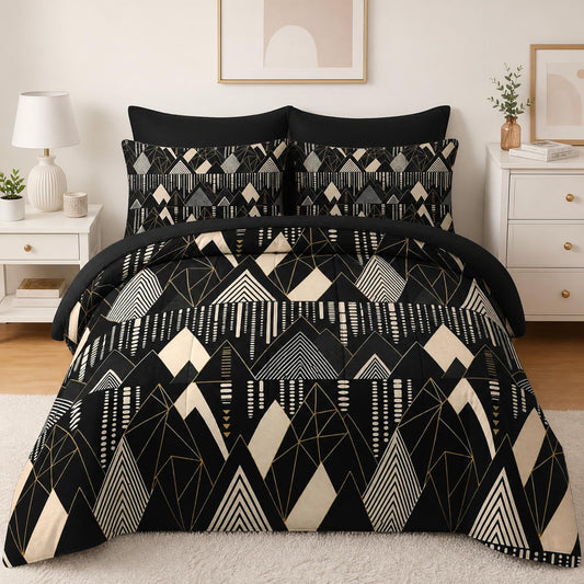 Boewywh Comforter Set Twin Size Mountain Geometric Gold 7 Pcs, Bedding for Kids and Adults, Modern Abstract Bed Sheet Sets with Fitted Sheet 2 Pillowcases & 2 Shams for Bedroom Bed Decor