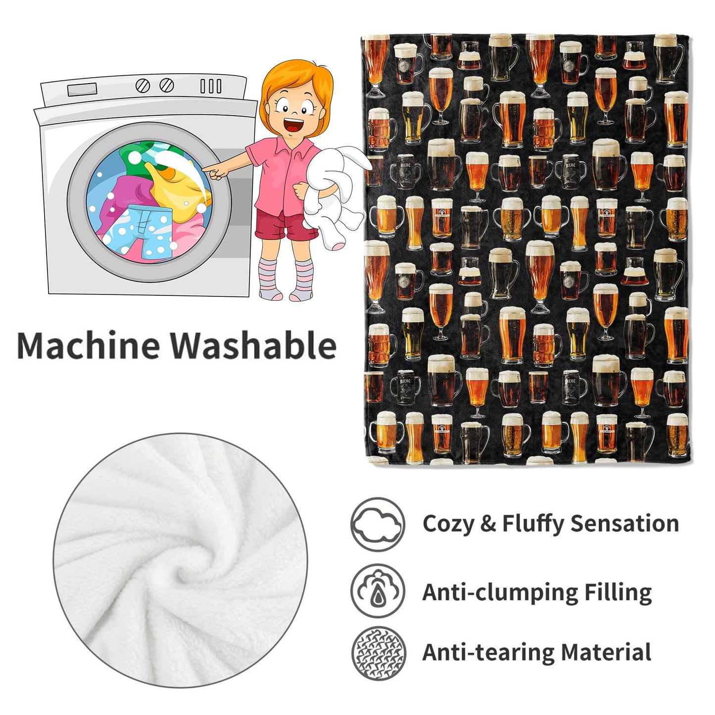VODRM Beer Glasses Blanket,50x60in,Fun Black Throw Blankets,Gifts for Men Women & Nature Lovers, Lightweight Soft Fleece Cozy,for Sofa Couch Bed Room Bar Decor