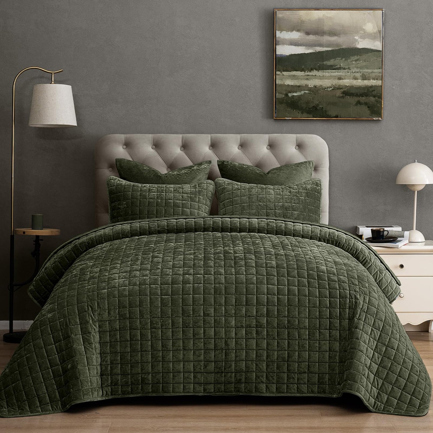 PHF Luxurious Velvet Quilt Set Queen Size – 3PCS Super Soft Quilted Comforter Alternative with Square-Box Quilt Pattern, Warm Quilted Bedspread Coverlet, 90" x 92", Smokey Olive