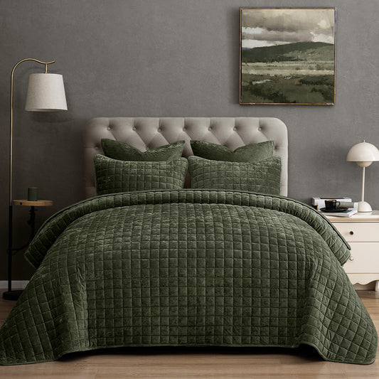 PHF Luxurious Velvet Quilt Set Queen Size – 3PCS Super Soft Quilted Comforter Alternative with Square-Box Quilt Pattern, Warm Quilted Bedspread Coverlet, 90" x 92", Smokey Olive