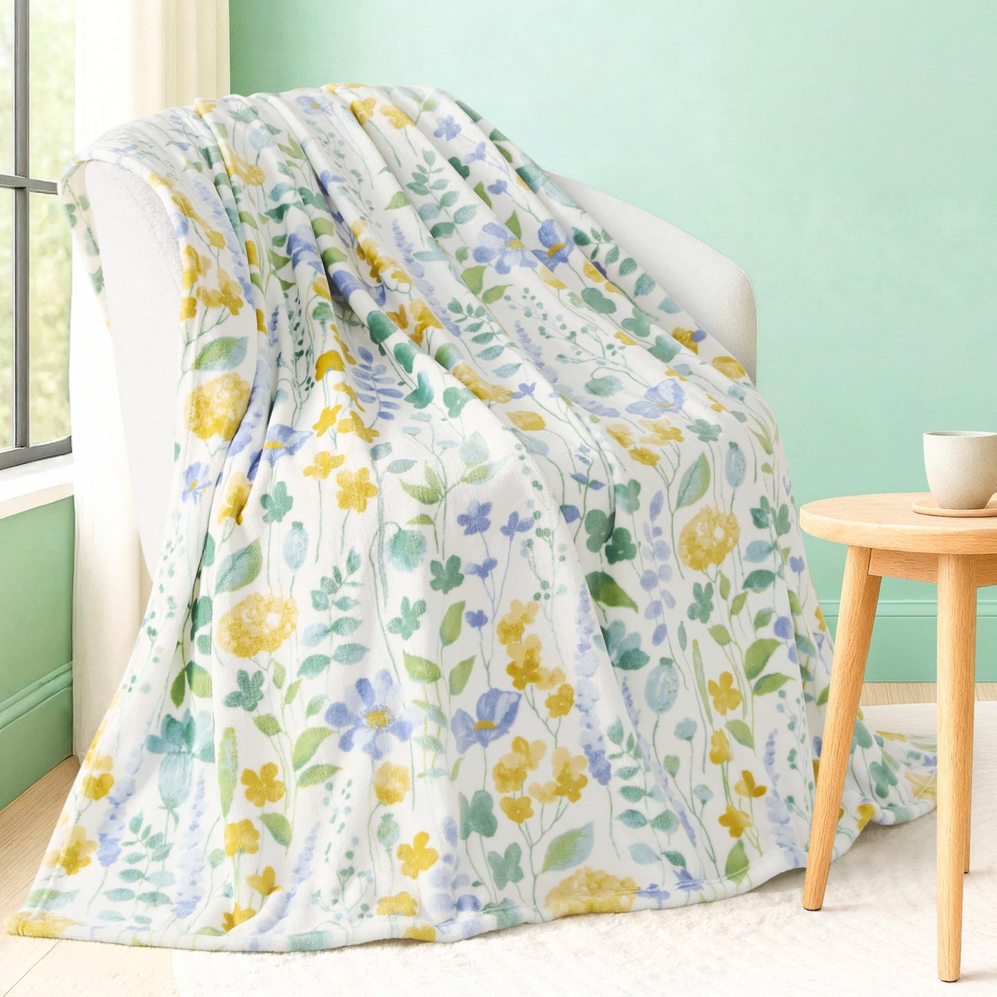 Creative Home Ideas Oversized Plush Throw Blanket 60" x 70", Talia Floral Chambray Blue