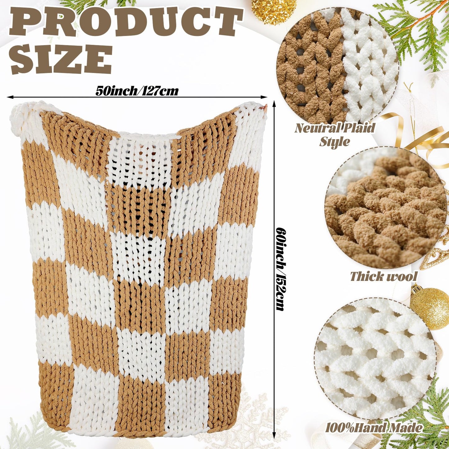 Tudomro Checkered Chunky Knit Throw Blanket for Couch 50 x 60 Inches Neutral Decor 100% Hand Knitted Cozy Soft Large Rope Knot Crochet Blankets for Sofa Living Room(Ivory and Brown)