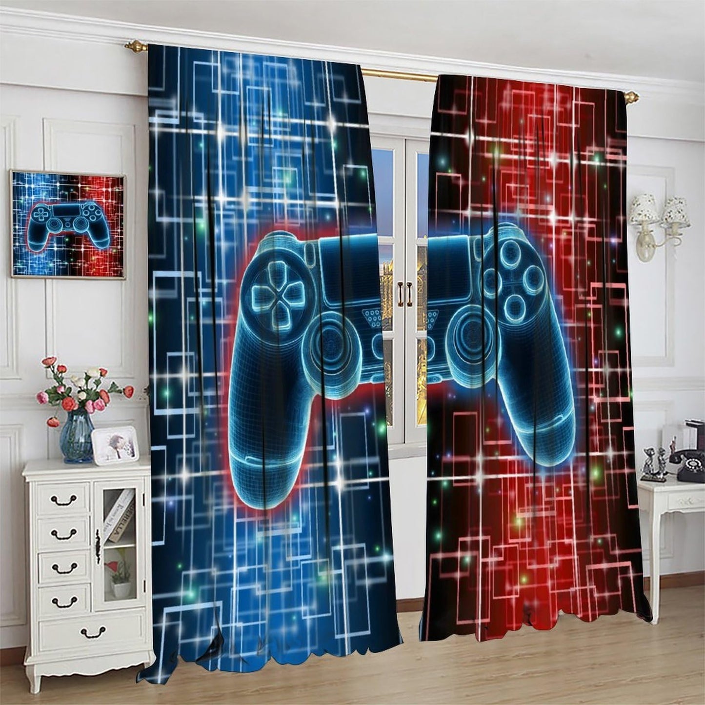 wlsgdsg Gaming Curtains for Boys,Gamepad for Gamer Kids Teen Red Blue Splashed Ink Cartoon Game Controller Playroom Window Treatments for Nursery Bedroom Living Room Teenager 42x45in（No Blackout）