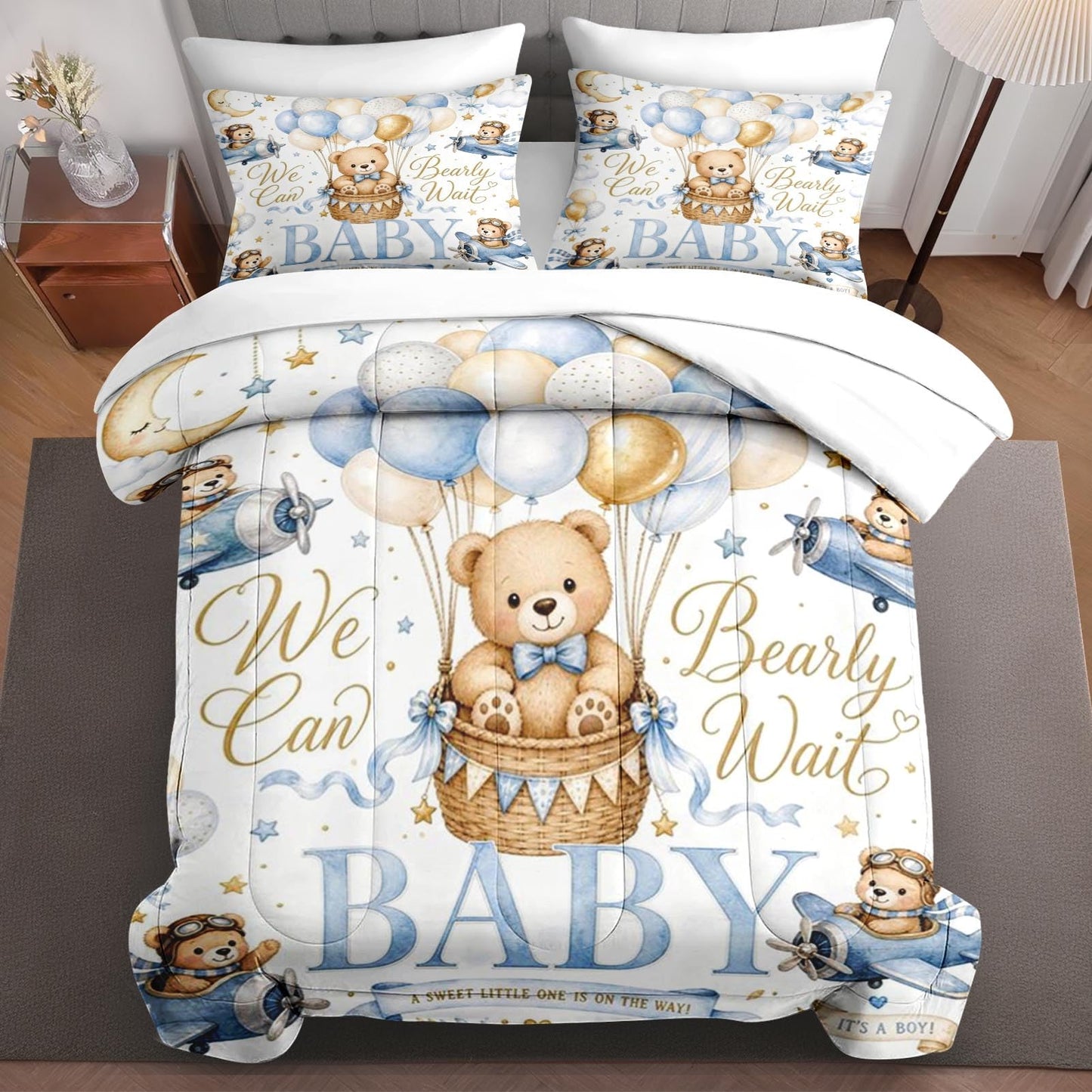 Boewywh Comforter Set Twin Size Bear Blue Star 5 Pcs, Bedding for Kids and Adults, Bed Sheet Sets with Fitted Sheet Pillowcase & Sham for Bedroom Bed Decor