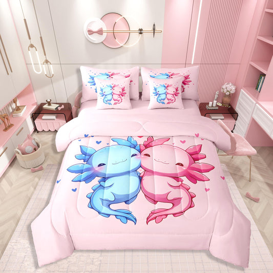 Erosebridal Pink Blue Cute Axolotls Queen Comforter Set Kids Kawaii Axolotls Bed in a Bag for Boys Girls Cartoon Love Heart 7-Piece Bedding Set Sealife Coastal Ocean Animal Quilt Duvet Sets