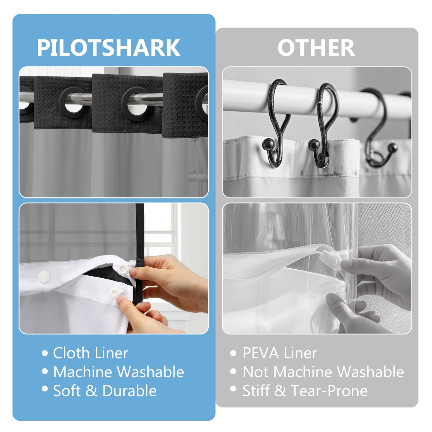 PILOTSHARK No Hook Waffle Weave Shower Curtain Set with Snap-in Fabric Liner and Mesh Top Window,256GSM Heavy Duty Fabric,Black Washable Luxury Shower Curtain for Bathroom Stalls (72x75 Inch)