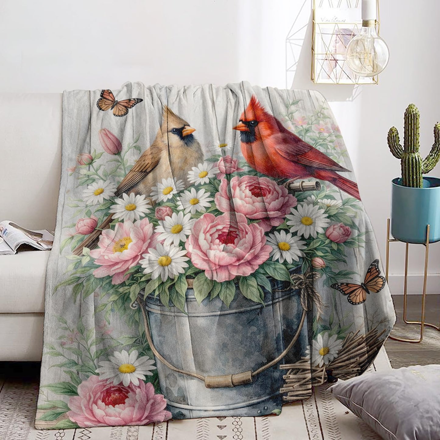 Cardinal Flower Bouquet Blanket Soft Cozy Bird Floral Rustic Farmhouse Flannel Throw Blanket, Gifts for Girls Women, Warm Yet Lightweight Blankets for Travel, Couch, Fuzzy Decor Comfort Wrap 60"×50"