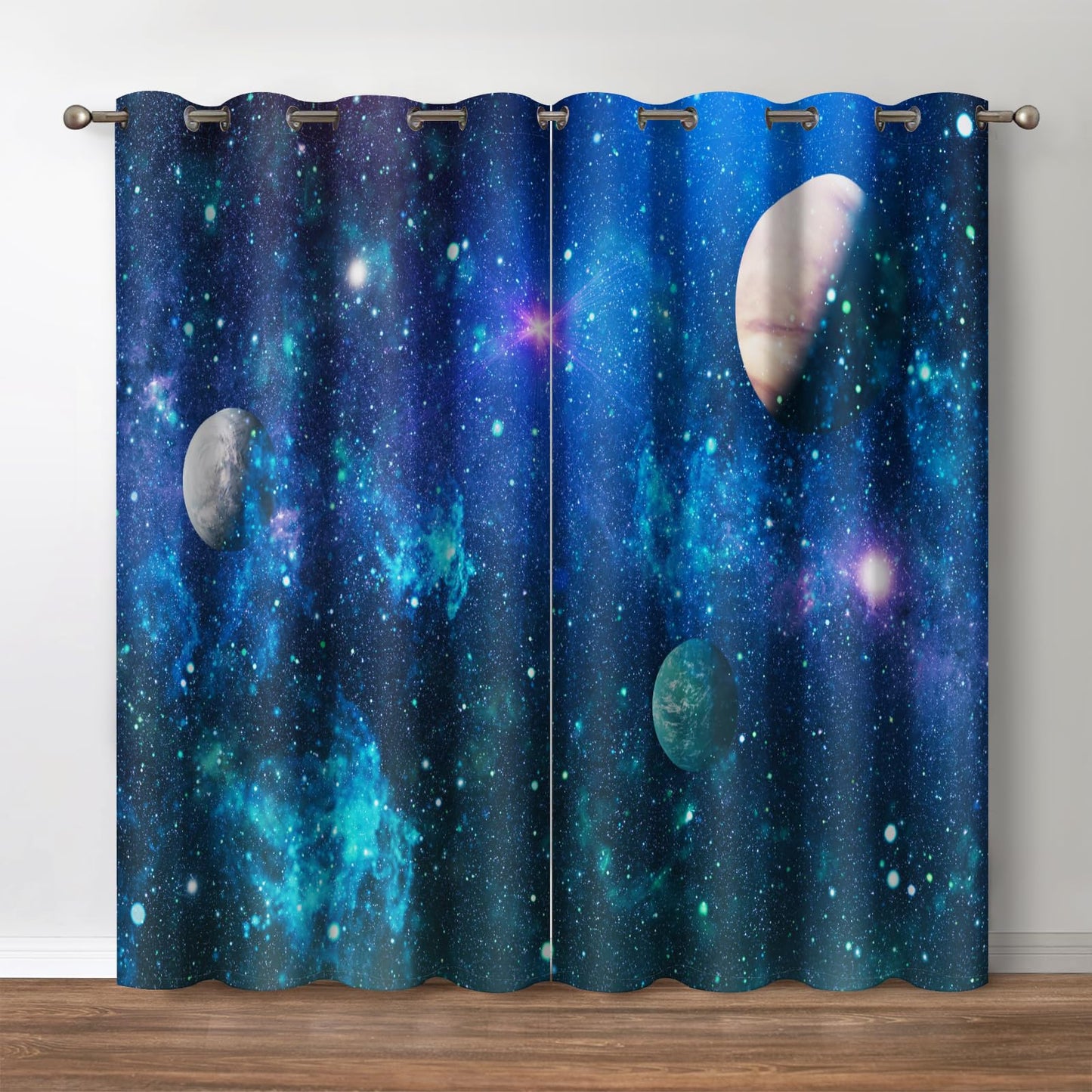 Jekeno Galaxy Planets Blackout Curtains Outer Space Universe Nebula Star Sky Drapes Decorations Home Bedroom Nursery Apartment Living Room Darkening Grommet Window Treatments 2 Panels Set,52"x84"