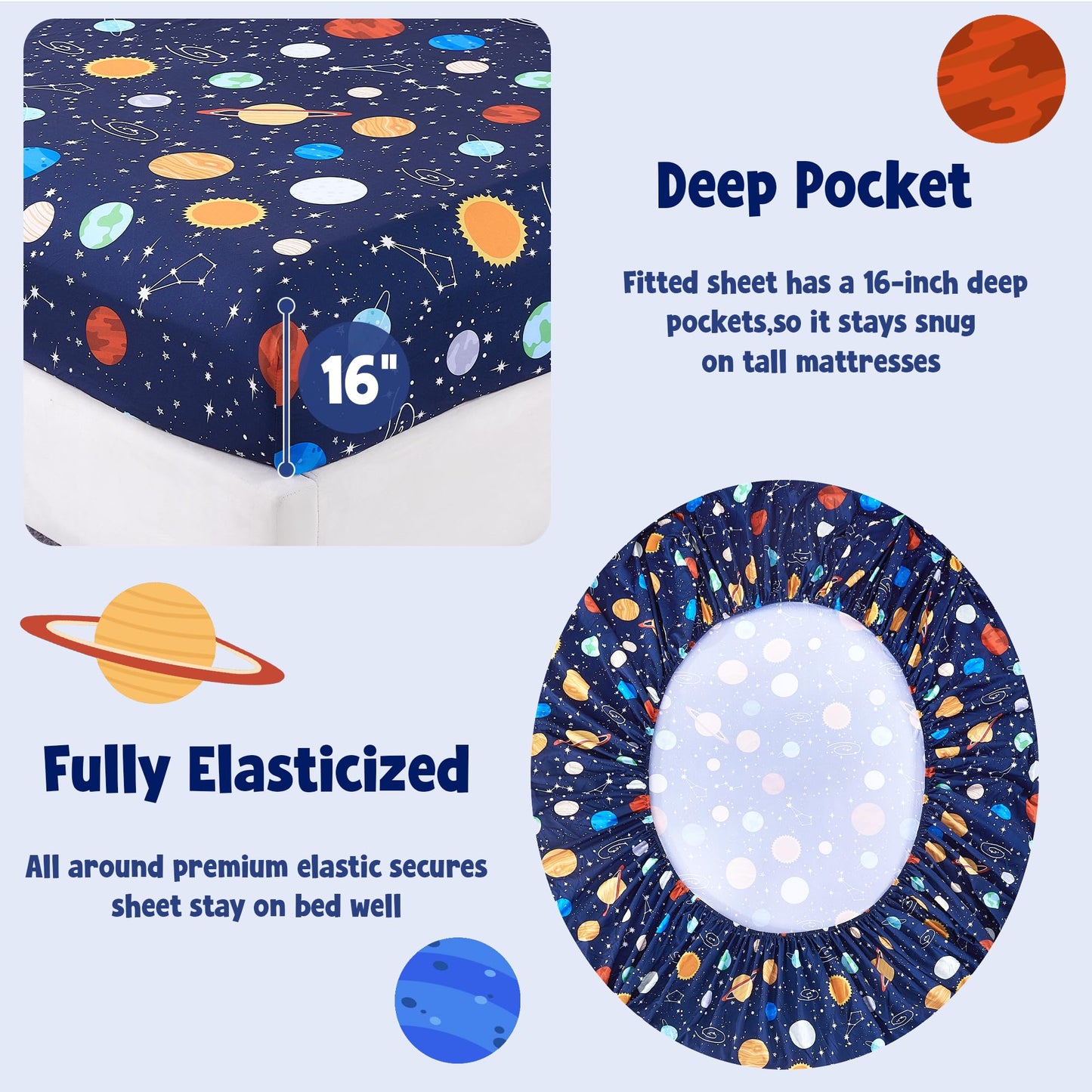 CozySmile Full Sheet Set Kids,4 Pieces Breathable Soft Microfiber Bedsheets for Child Boys, Oeko-TEX, Anti Pilling Deep Pockets Easy Care Bed Sheets, Planet