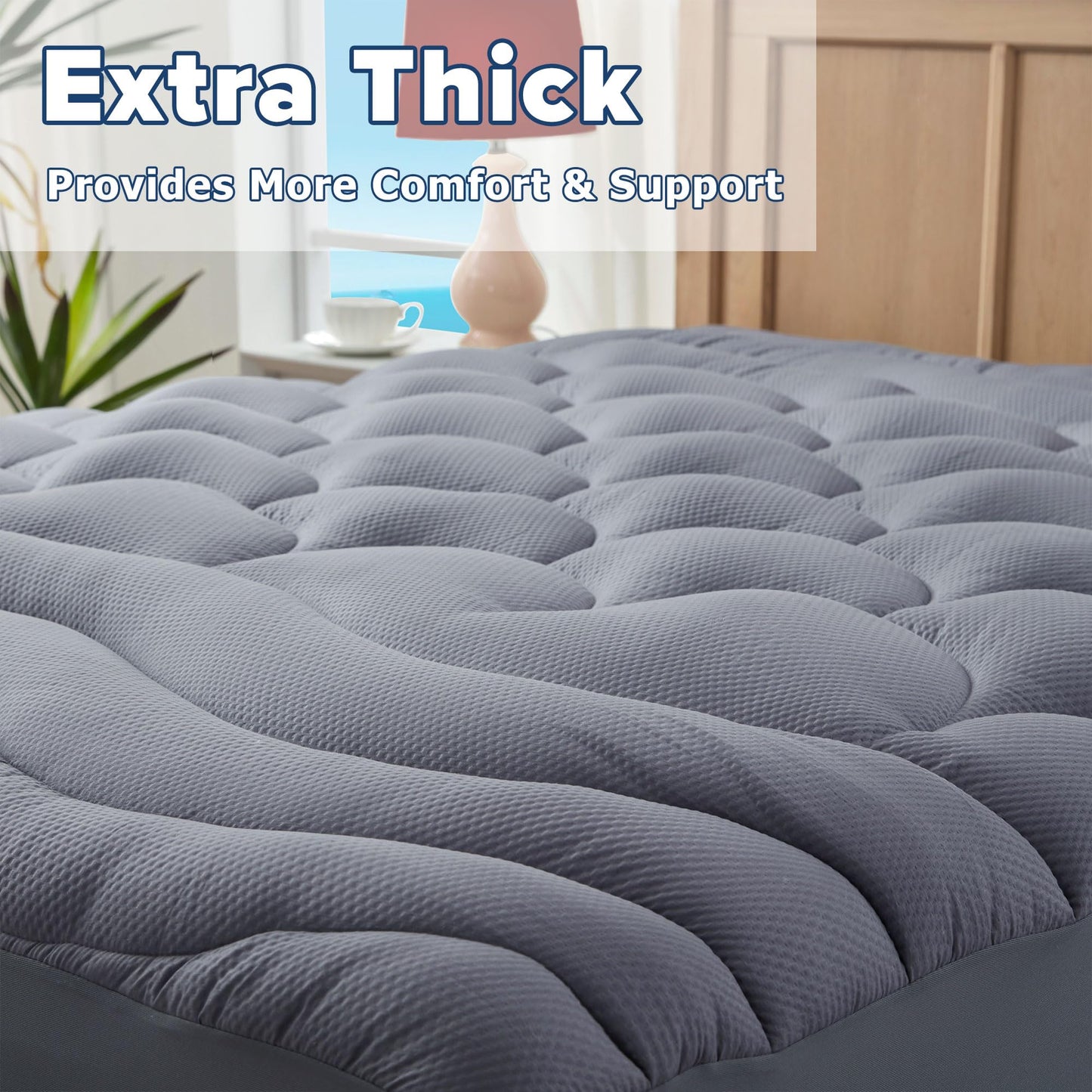 ELVEN HOME Queen Mattress Pad for Back & Hip Pain Relief, Pillow Top Cooling Bed Topper Quilted Fitted, Hotel Quality Deep Pocket Soft Queen Mattress Protector Cover Washable (60x80 inch, Grey)