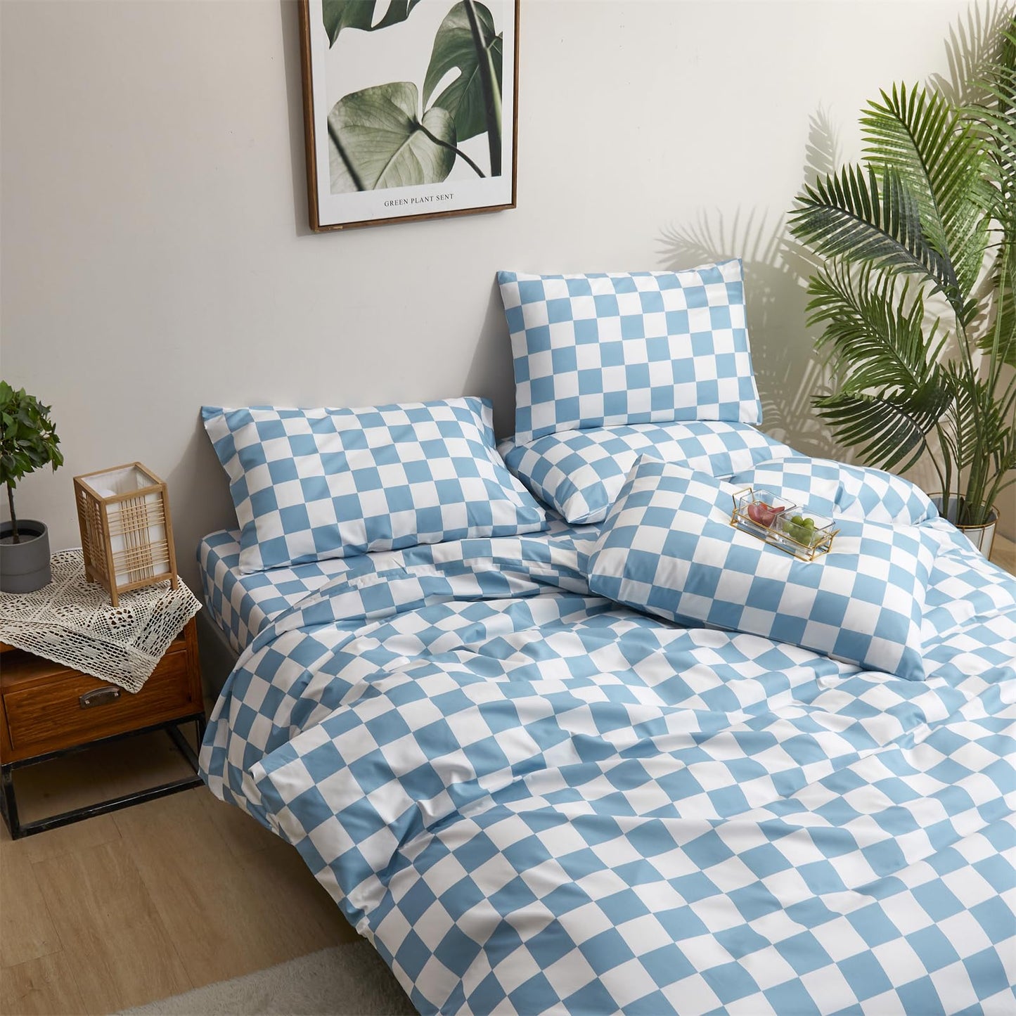 CLOTHKNOW Blue White Plaid Queen Duvet Cover Set 3Pcs Grid Bedding Sets Checkerboard Comforter Cover Sets with 2 x Pillowcases