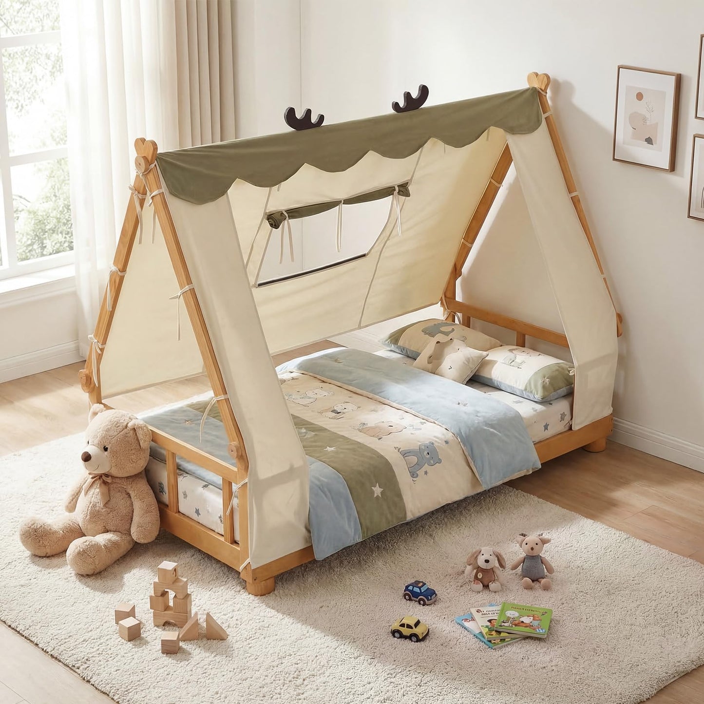 Costzon Twin Bed Frames for Kids, Wooden House Antlers-Shaped Floor Bed