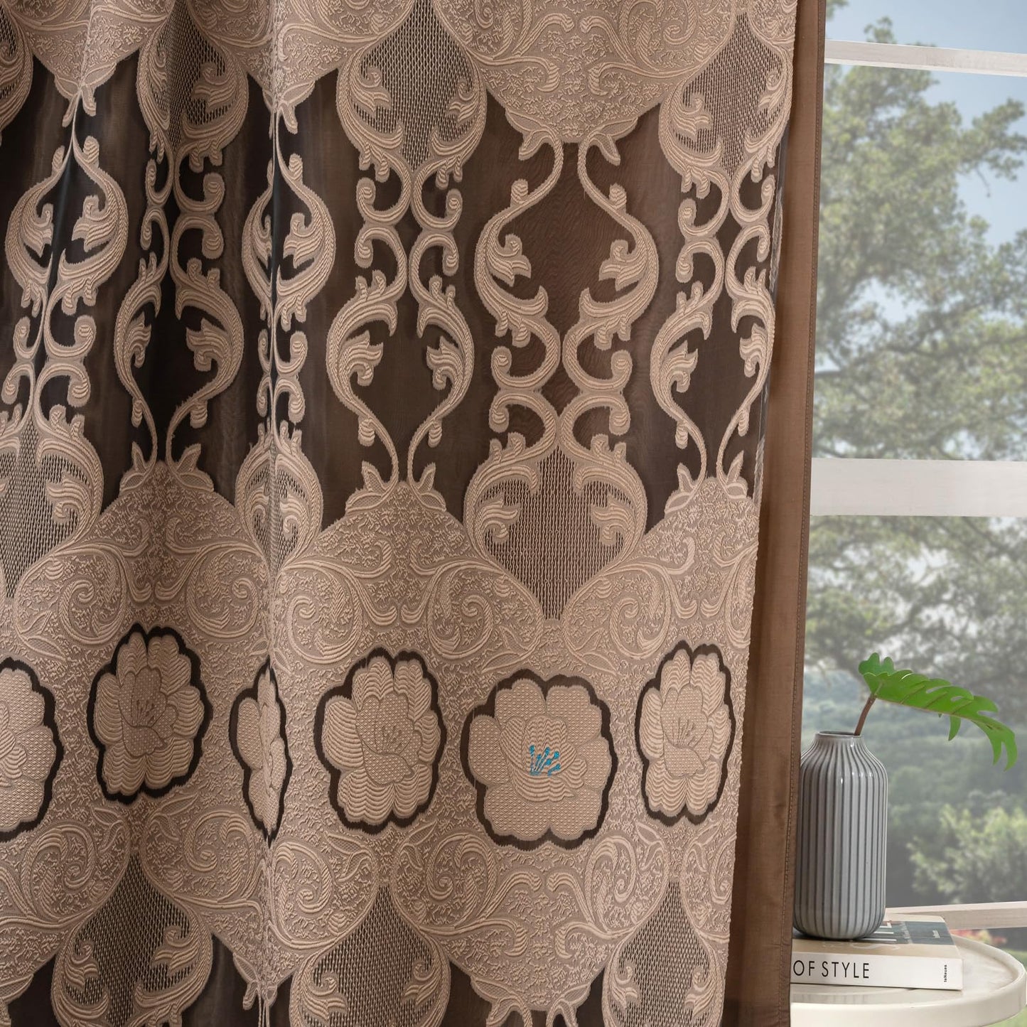 Petrichor Taupe Sheer Jacquard Voile Curtains （54" W x 63" L）, 2 Panels with Attached Valance, Double Layer Floral Cutwork Design with Luxurious Texture, Rod Pocket, for Bedroom & Living Room