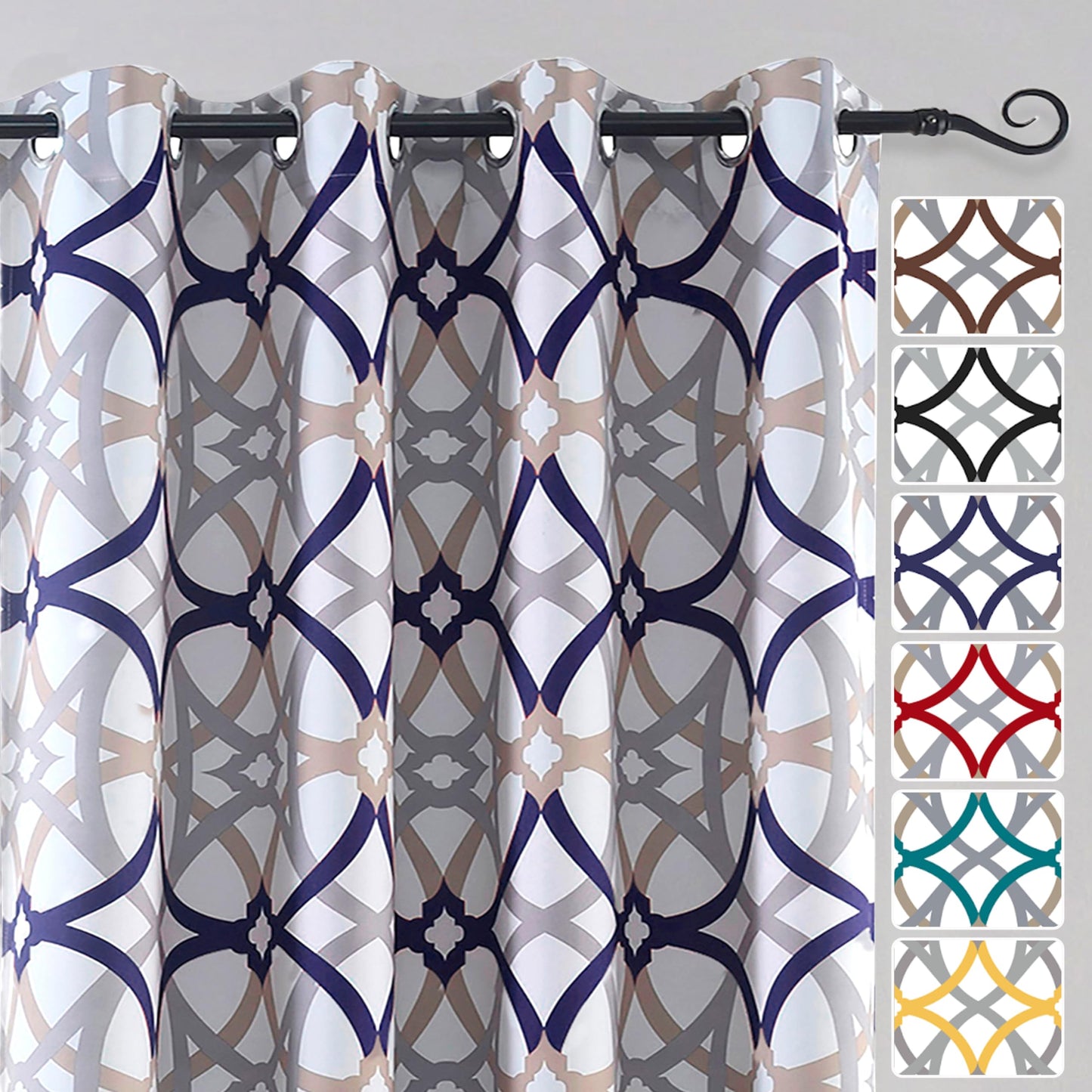 DriftAway Alexander 80% Blackout Curtains for Living Room 250GSM Pattern Match Thermal Insulated Room Darkening Geo Moroccan Mid Century Grommet Bedroom Drapes 2 Panels 52 Inch by 84 Inch Navy Gray