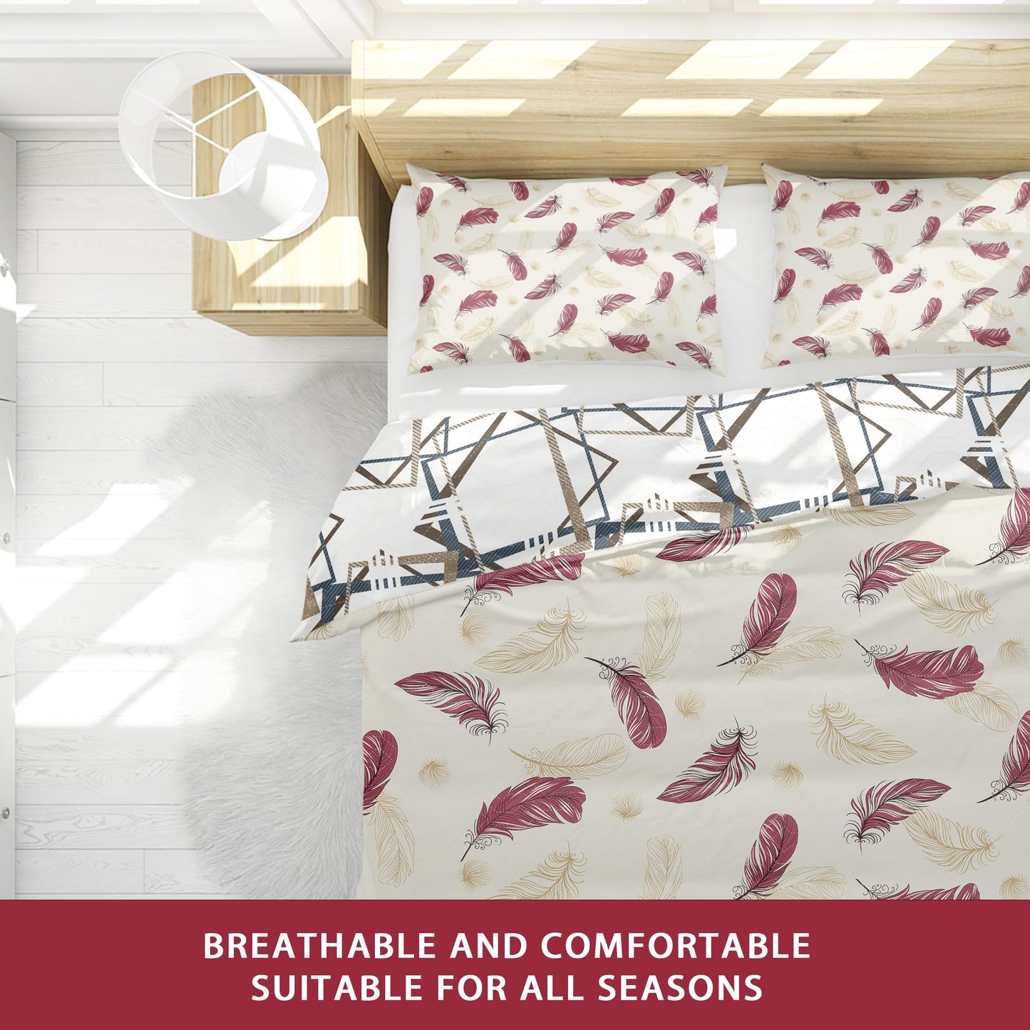 Deepsleep King Bedspread Set 9 Pieces, All Season Luxury Bed in a Bag for Bedroom, with 2 Pillowcases and 6 Curtains, Ultra-Soft Microfiber for Complete Bedroom Decor, Red and White Feather
