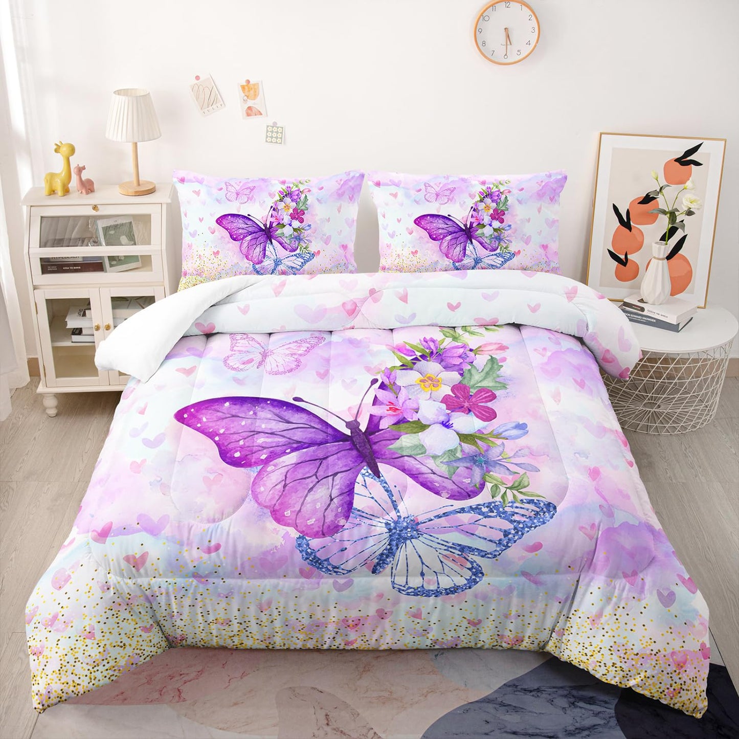 Nttopship Violet Butterfly Comforter Set 3 Pieces Bedding Set for Kids Teen Boys King Size ，Cute Flower Butterfly Bedding Set for Bedroom Soft Microfiber All Season 3pcs(1 Comforter & 2 Pillowcases)