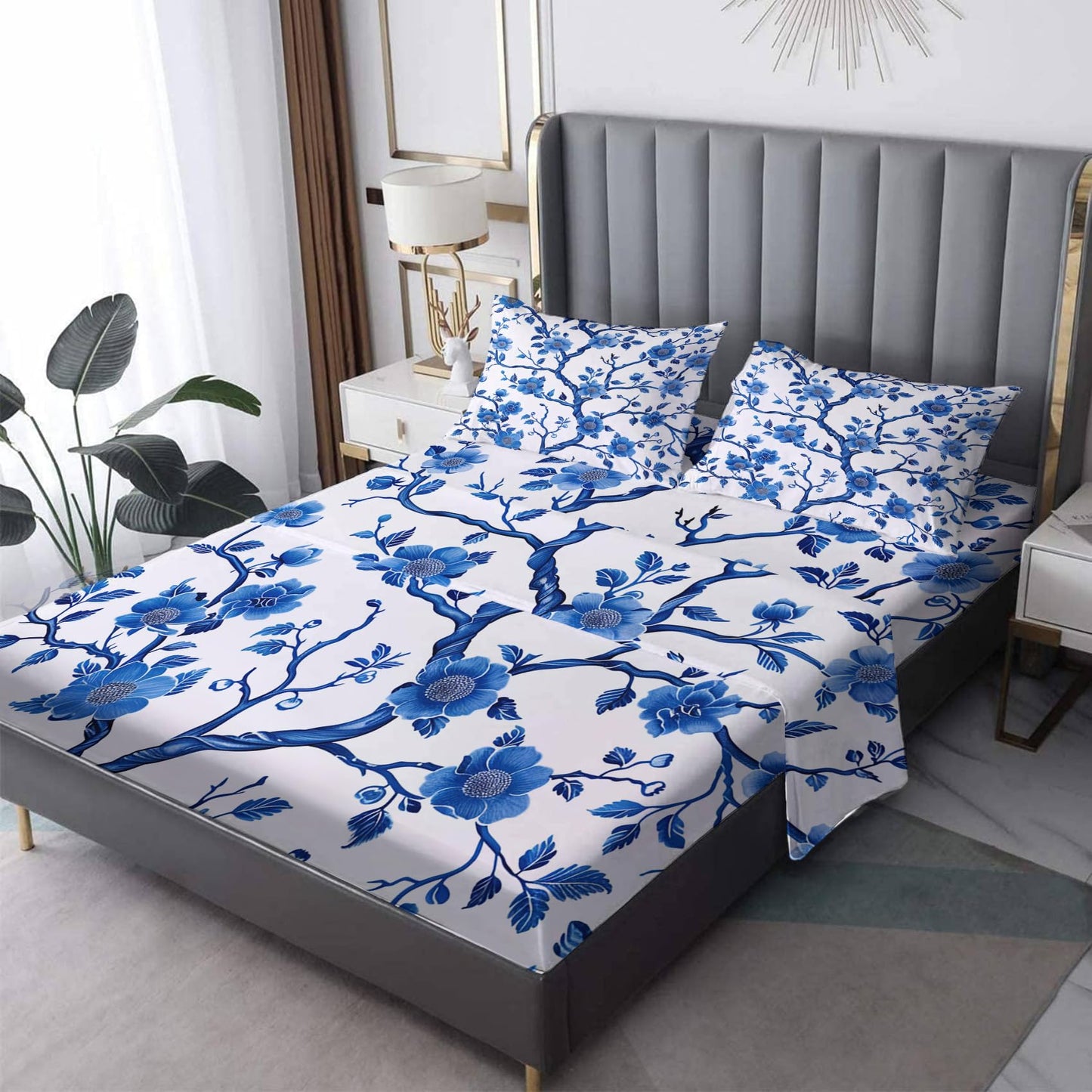 Floral Sheets Split King Size - Blue and White Porcelain Chinoiserie Bed Sheet Set - Deep Pocket Soft Microfiber Bedding Set 5 Piece - Fitted Flat Sheet Pillowcases - Floral Bedroom Decor & Gifts