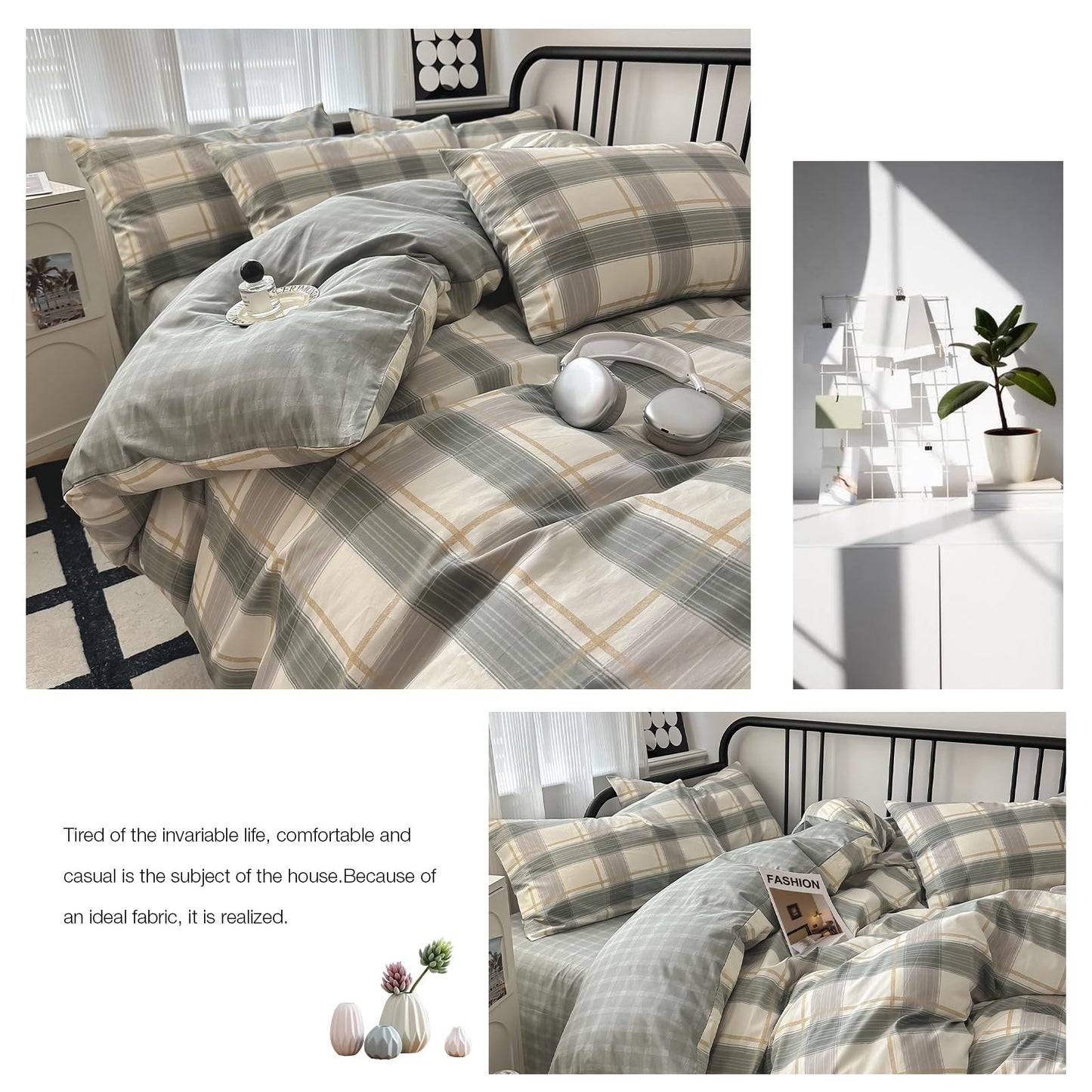 VM VOUGEMARKET Green Plaid Duvet Cover Sets Queen,3 Pieces Gingham Comforter Cover with Zipper Closure & Corner Ties for Men Boys Simple Modern Bedding Set (90"x90")