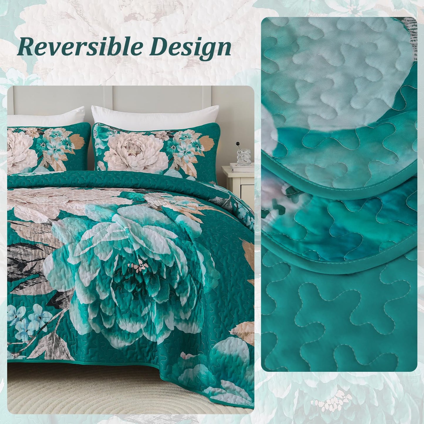 WONGS BEDDING Teal Boho Floral Quilt Set Queen, Elegant Flower Bedspread Coverlet Set for All Season, 3 Pieces Farmhouse Lightweight Reversible Bedding Set with 2 Pillow Shams 96"X90"