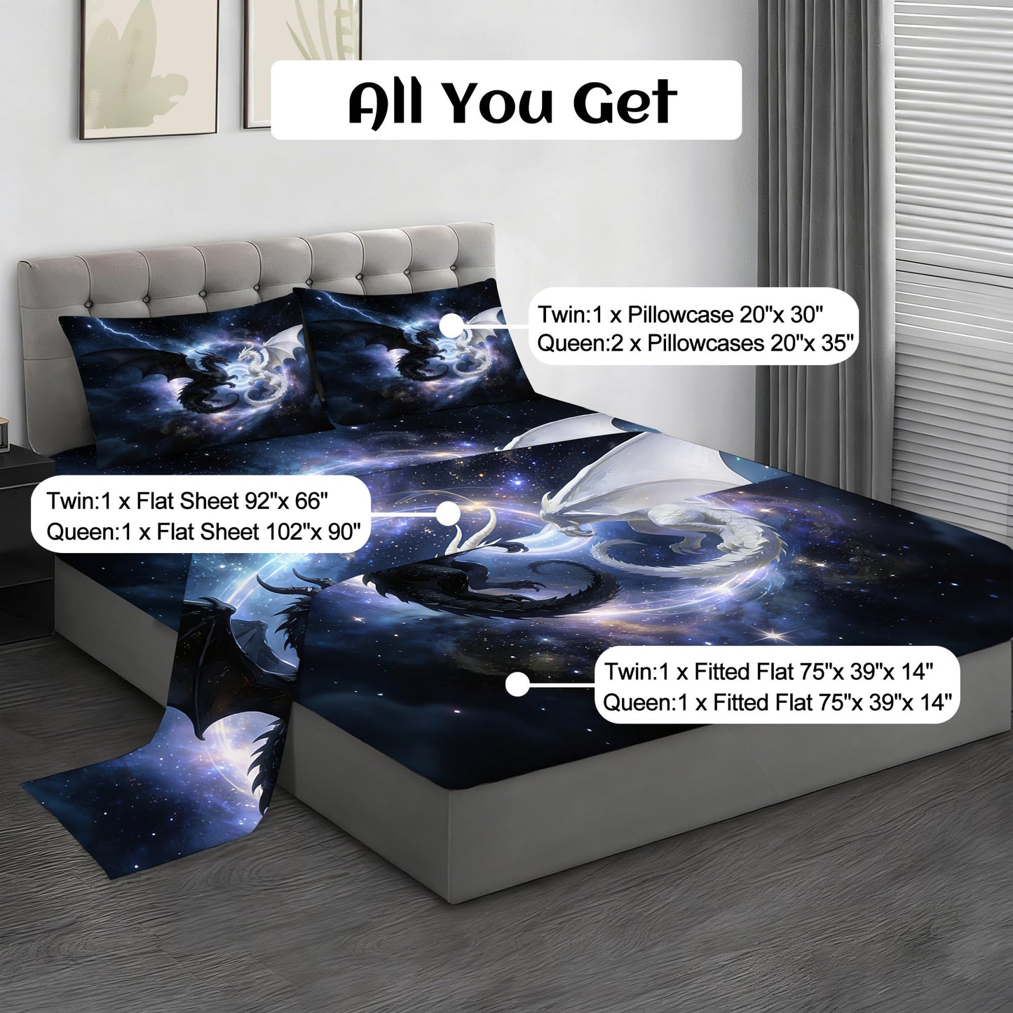 VTKON Black and White Dragon Fitted Sheet Twin Size, Galaxy Dragon Bed Sheet 3Pcs for Boys Kids, Starry Animal Pattern Fitted Sheet Soft Microfiber for Bedroom Decor