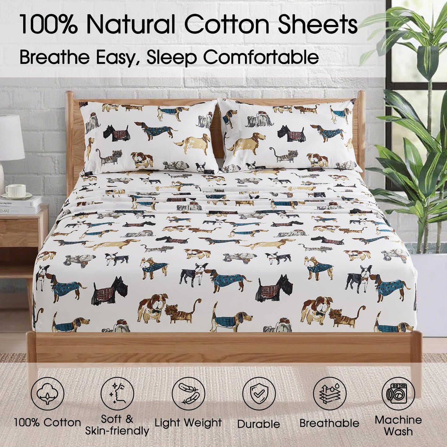 Ivellow Twin Sheets Set Kids 100% Natural Cotton Sheets Soft Breathable Lightweight Percale Bed Sheets 16" Deep Pocket Cartoon Dog Puppy Patterned Sheets Kids Twin Bedding Toddler Teen Dorm Essentials